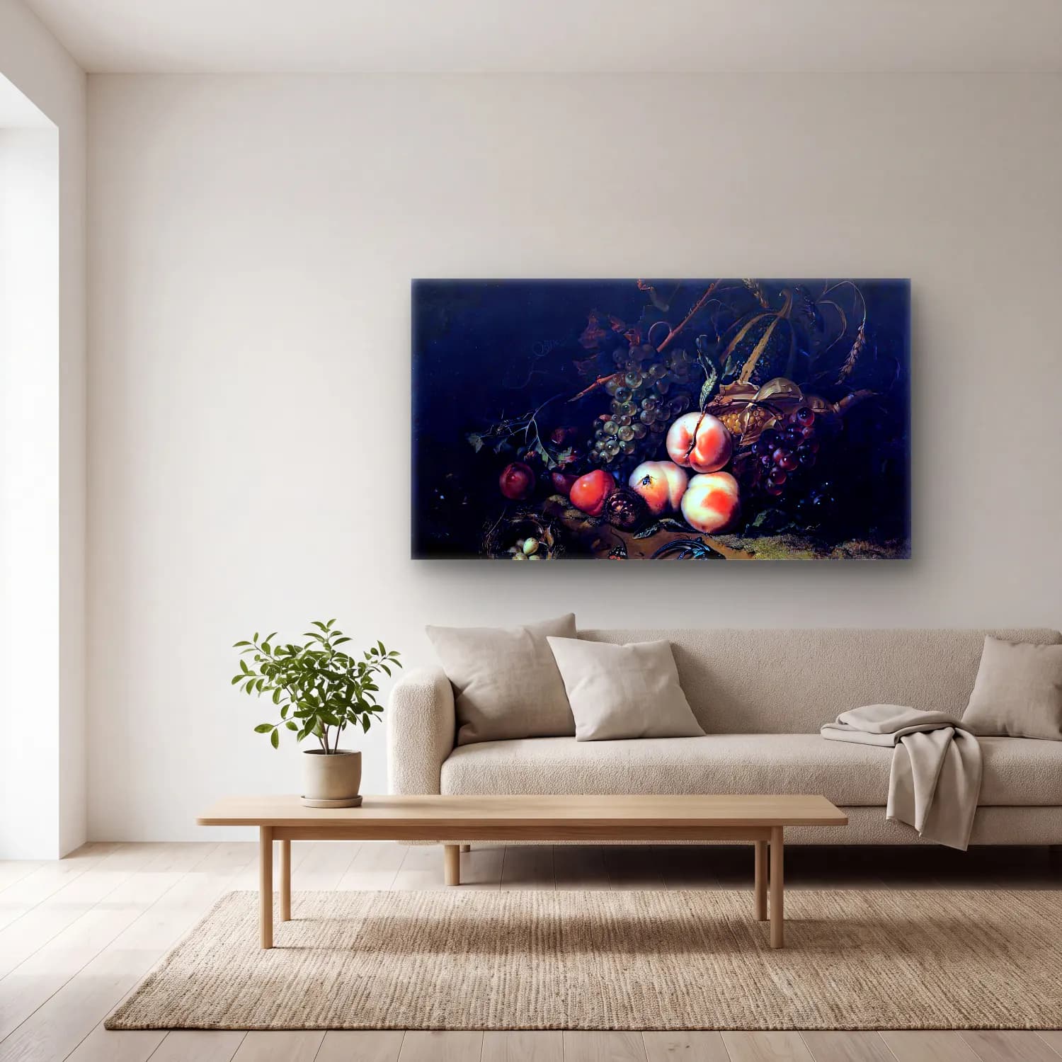 Rachel Ruysch – Still-Life with Fruit and Insects cam tablo — açık renk salonda