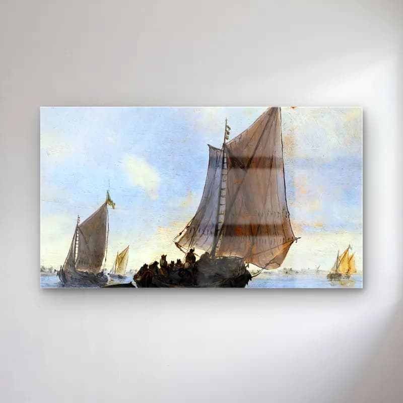 Salomon van Ruysdael – Dutch Vessels at the Mouth of an Estuary (detail) cam tablo — Salomon van Ruysdael – Dutch Vessels at the Mouth of an Estuary (detail) — yağlı boya yelkenliler