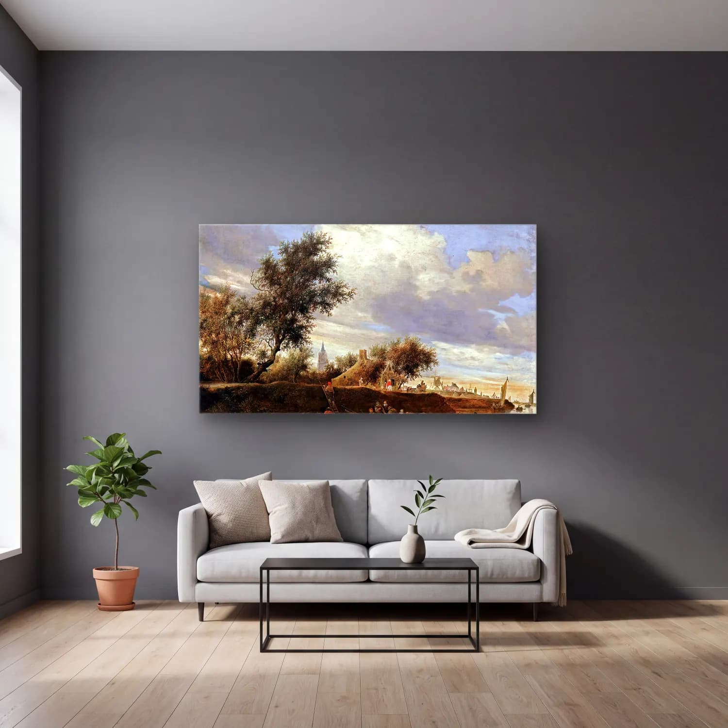 Salomon van Ruysdael – Ferry near Gorinchem cam tablo — gri duvarlı salonda