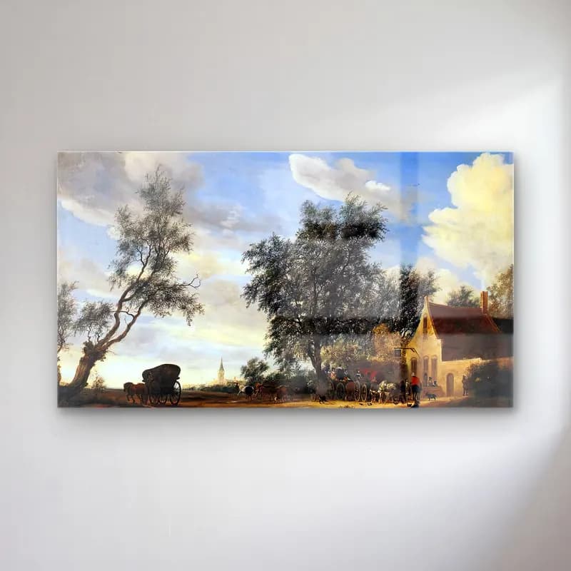 Salomon van Ruysdael – Halt at an Inn cam tablo — Salomon van Ruysdael – Halt at an Inn — yağlı boya köy sokağı