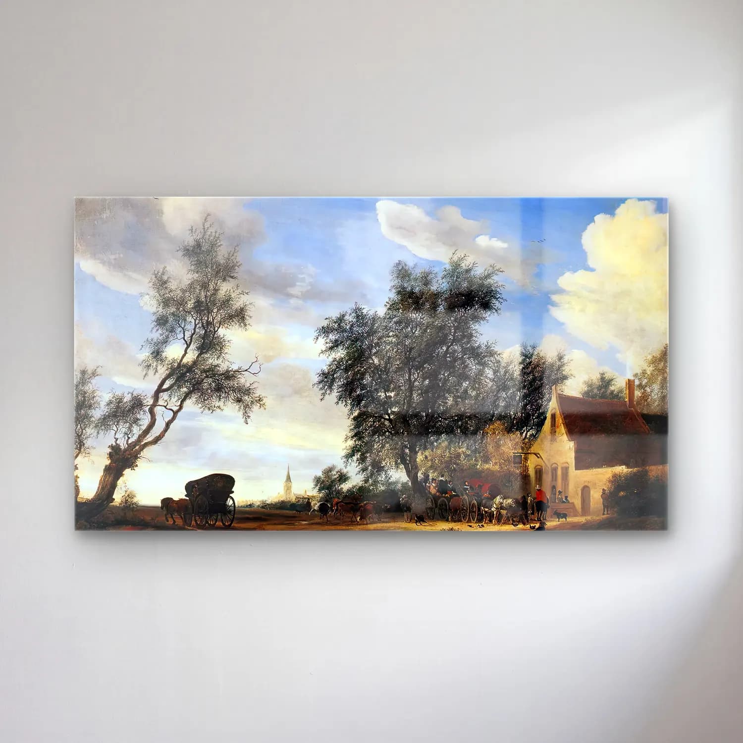 Salomon van Ruysdael – Halt at an Inn cam tablo — Salomon van Ruysdael – Halt at an Inn — yağlı boya köy sokağı