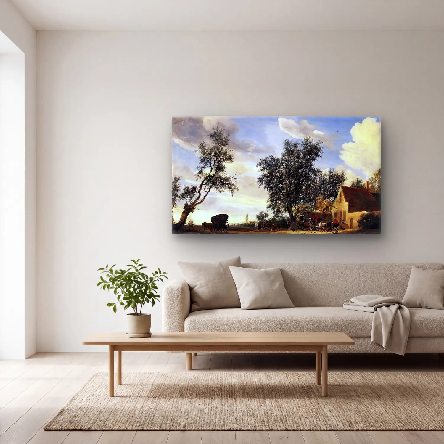 Salomon van Ruysdael – Halt at an Inn cam tablo — açık renk salonda