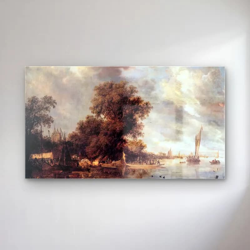 Salomon van Ruysdael – River Landscape at Arnheim cam tablo — Salomon van Ruysdael – River Landscape at Arnheim — yağlı boya liman ve tekneler