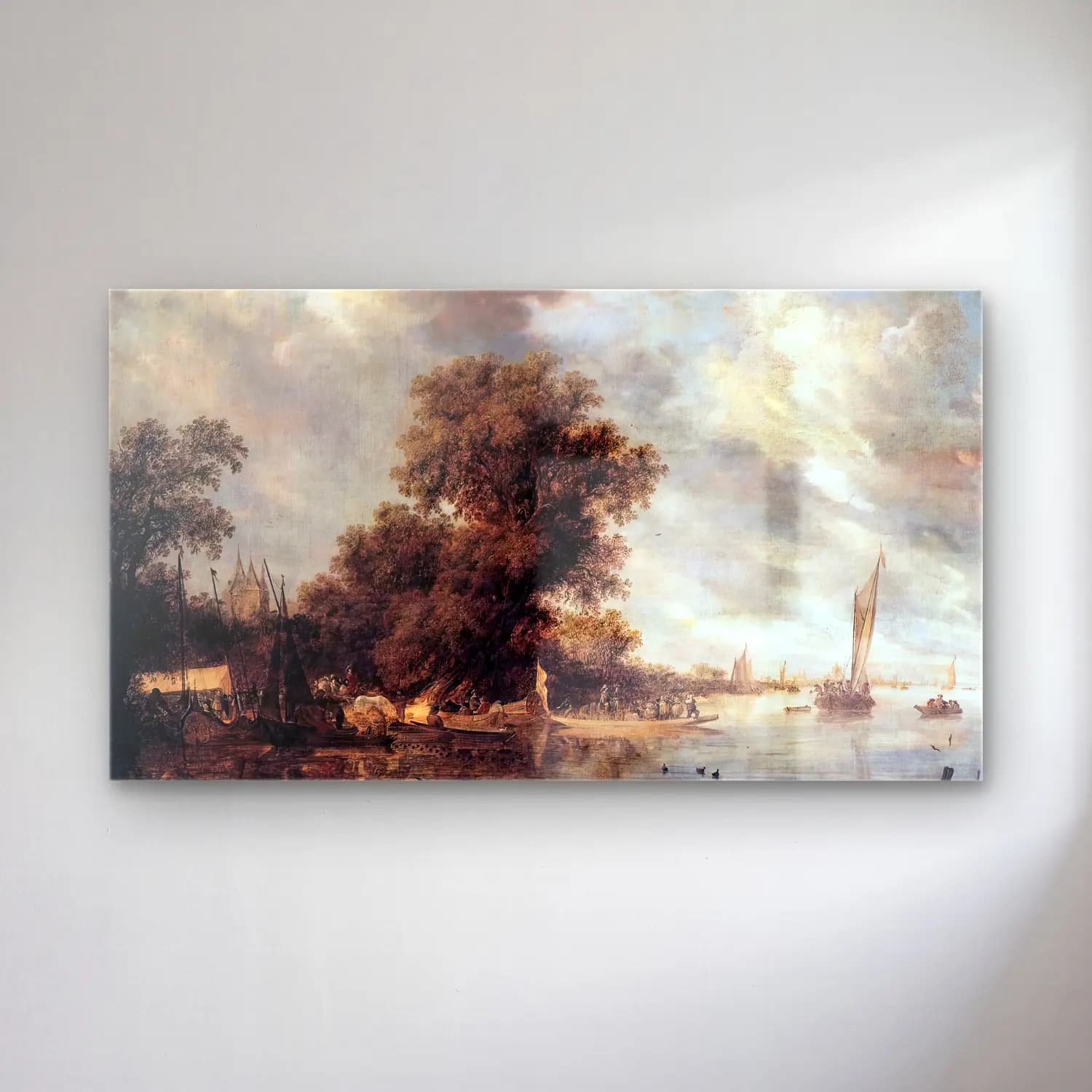 Salomon van Ruysdael – River Landscape at Arnheim cam tablo — Salomon van Ruysdael – River Landscape at Arnheim — yağlı boya liman ve tekneler