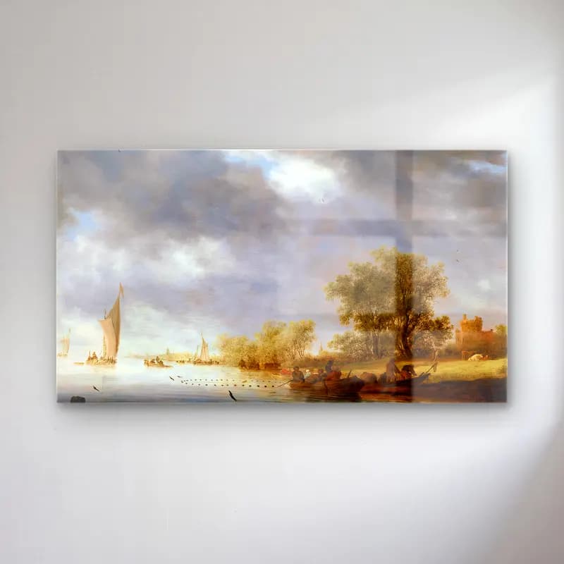 Salomon van Ruysdael – River Landscape with Boats and Liesvelt Castle cam tablo — Salomon van Ruysdael – River Landscape with Boats and Liesvelt Castle — yağlı boya kırda nehir