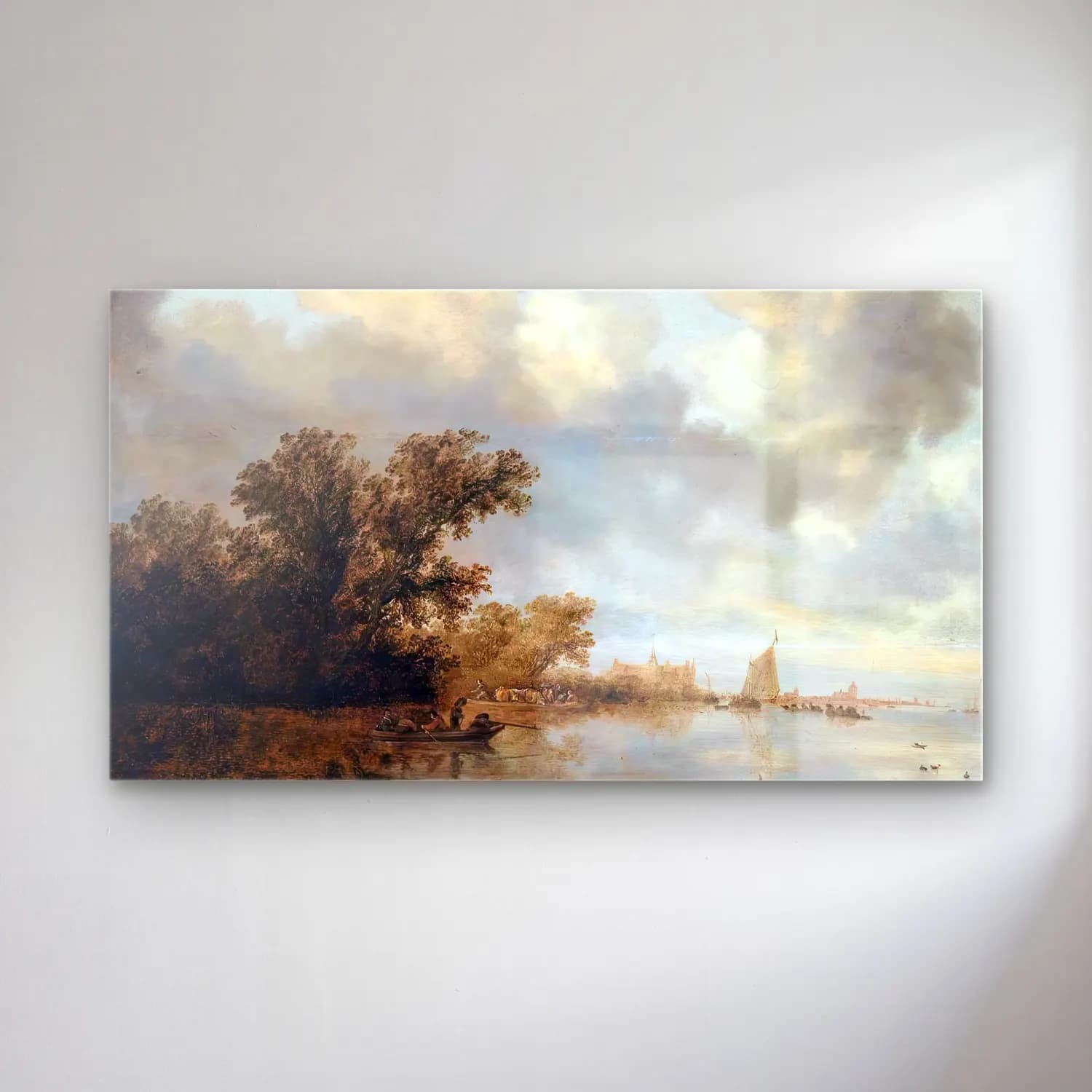 Salomon van Ruysdael – River Landscape – Bej Tonlar cam tablo — Salomon van Ruysdael – River Landscape – Bej Tonlar — yağlı boya kırda nehir