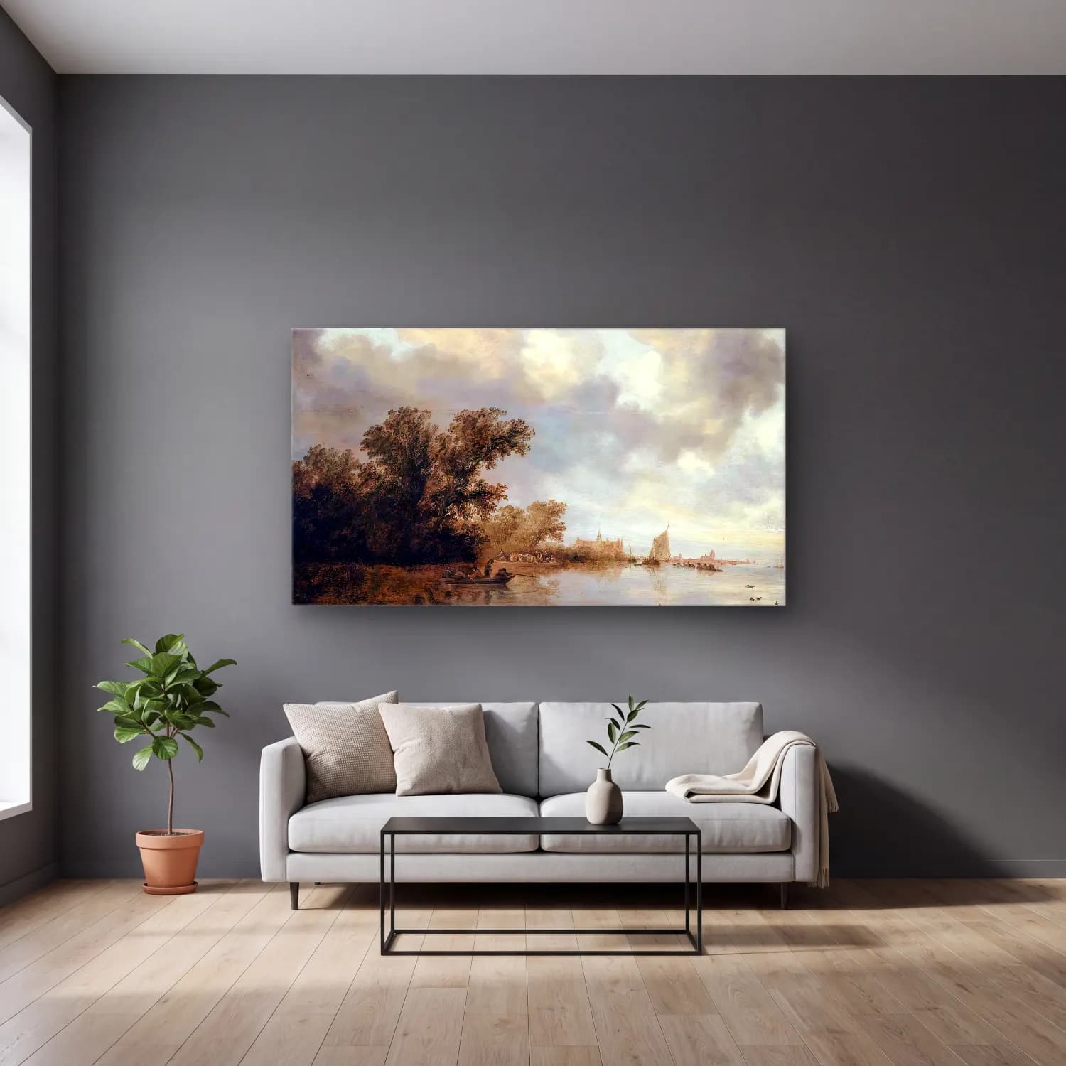 Salomon van Ruysdael – River Landscape – Bej Tonlar cam tablo — gri duvarlı salonda