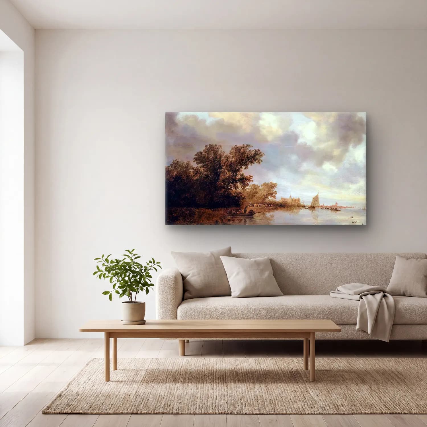 Salomon van Ruysdael – River Landscape – Bej Tonlar cam tablo — açık renk salonda