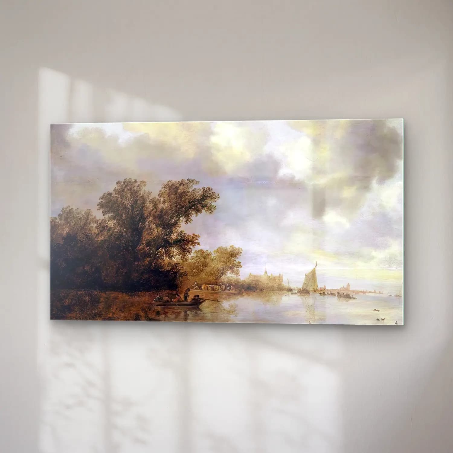 Salomon van Ruysdael – River Landscape – Bej Tonlar cam tablo — sağ açıdan görünüm