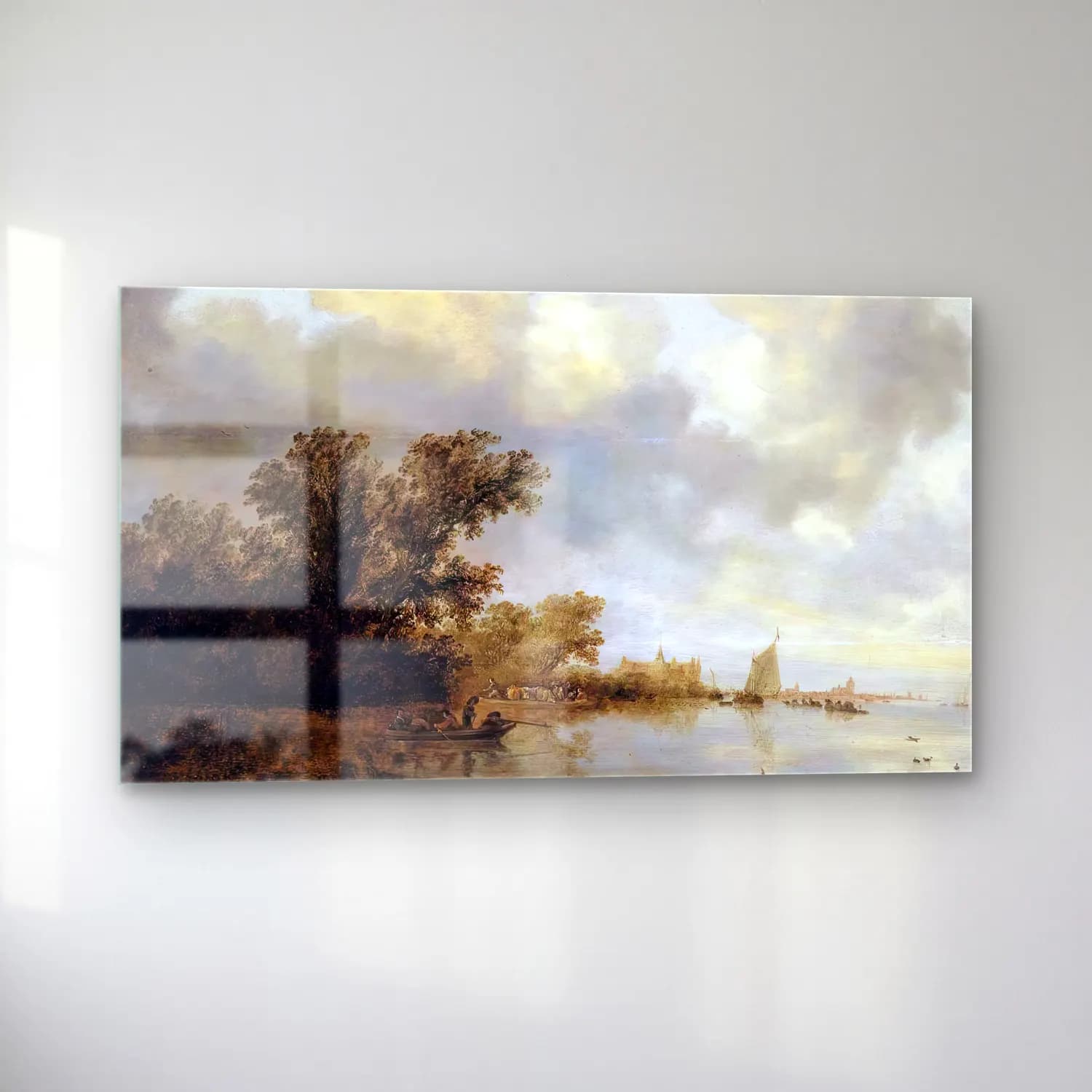 Salomon van Ruysdael – River Landscape – Bej Tonlar cam tablo — sol açıdan görünüm
