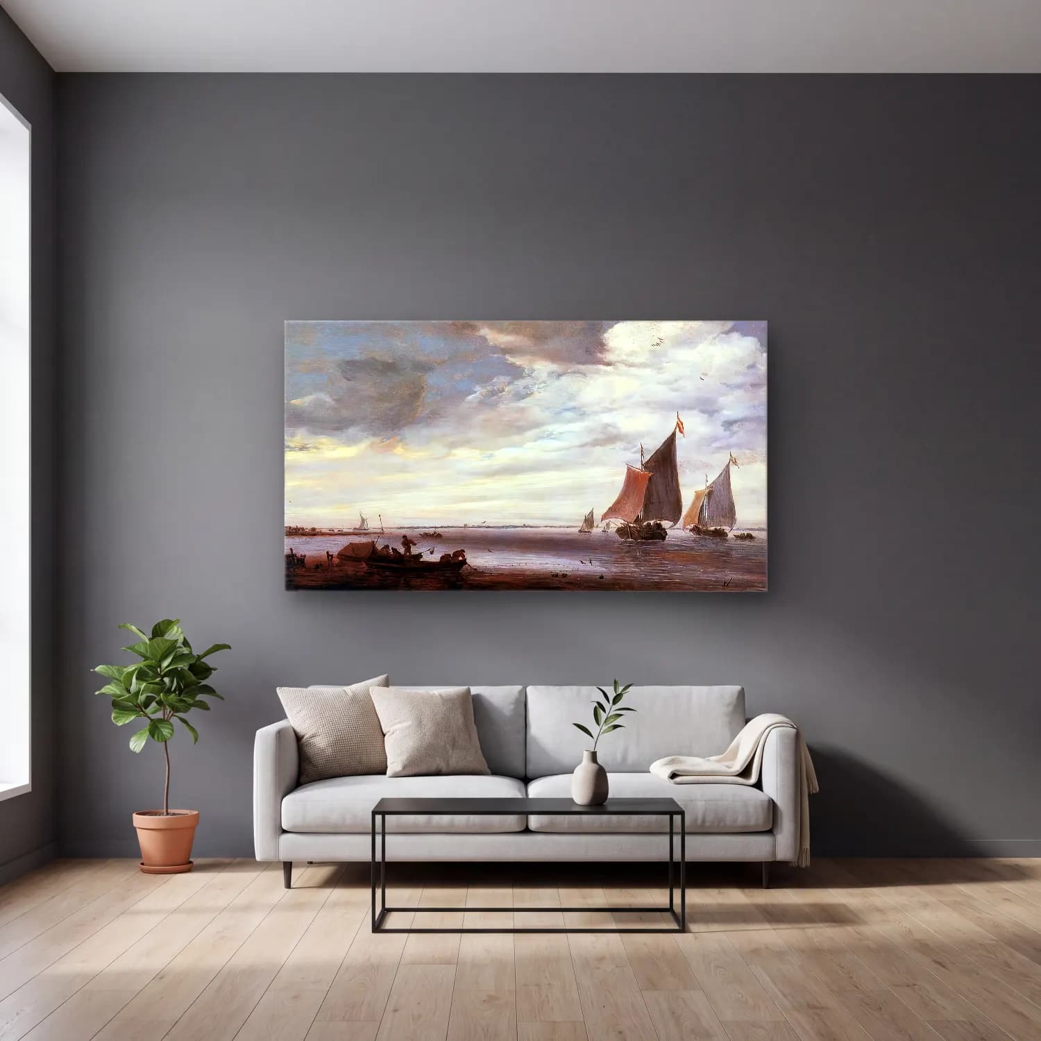 Salomon van Ruysdael – River Scene cam tablo — gri duvarlı salonda