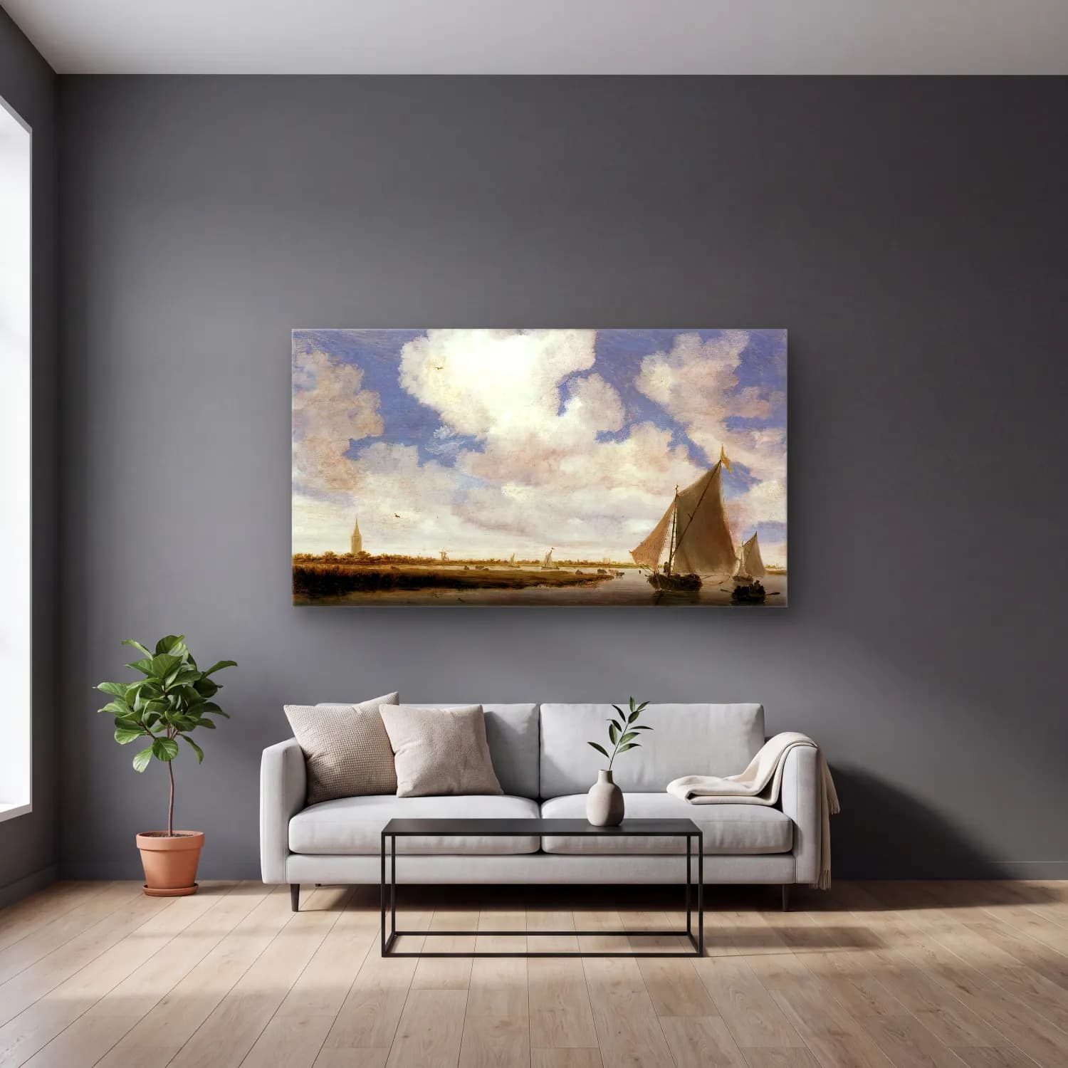 Salomon van Ruysdael – Sailboats on the Wijkermeer cam tablo — gri duvarlı salonda