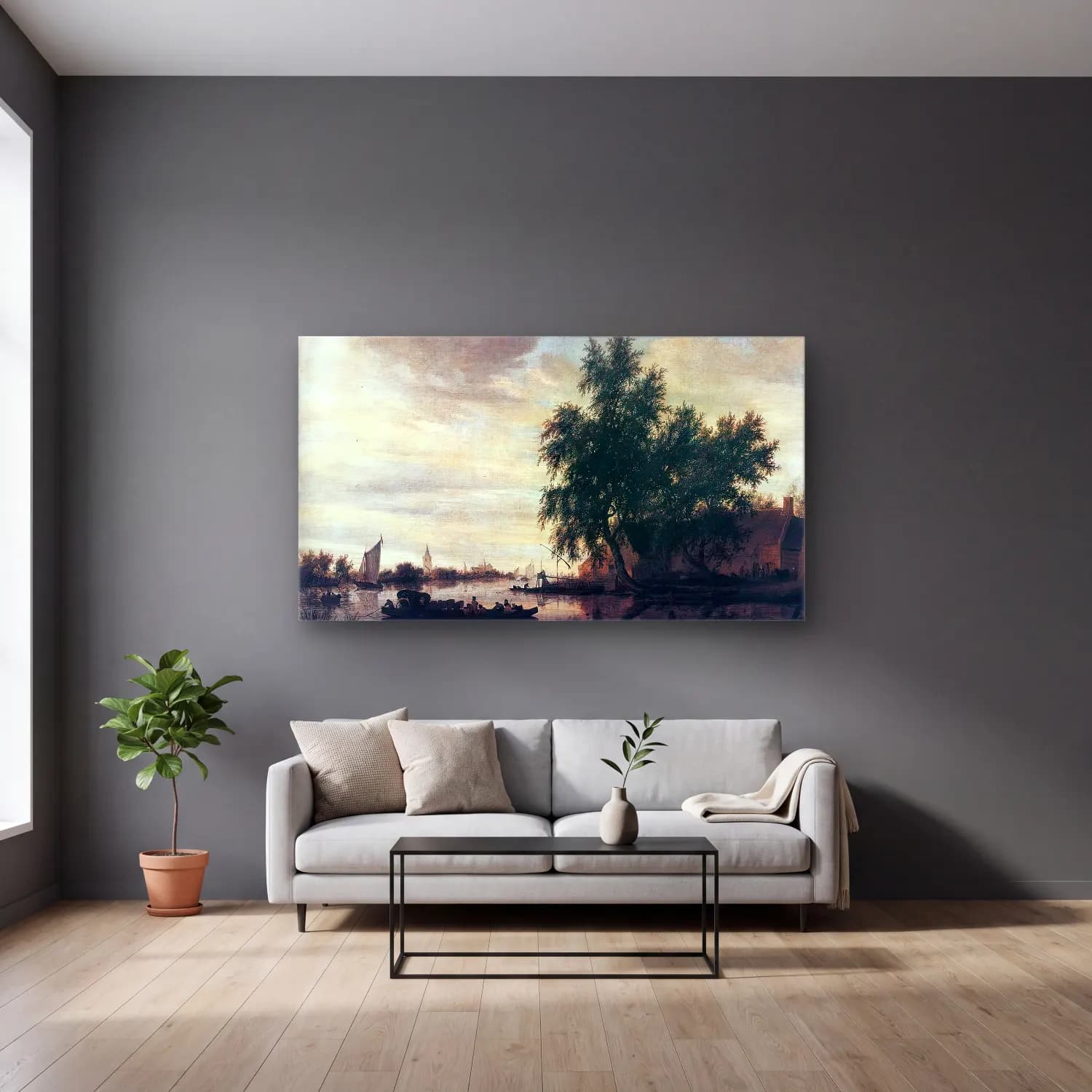 Salomon van Ruysdael – The Ferryboat cam tablo — gri duvarlı salonda
