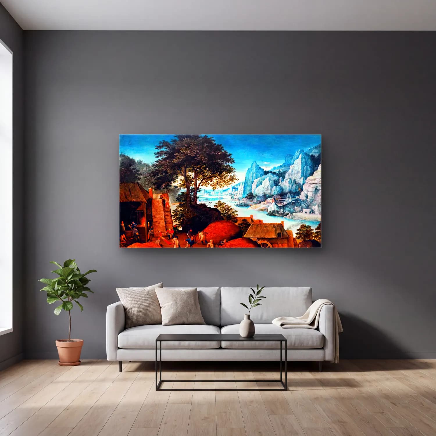 Maerten Ryckaert – Alpine Landscape with an Iron Foundry and Blast Furnace cam tablo — gri duvarlı salonda