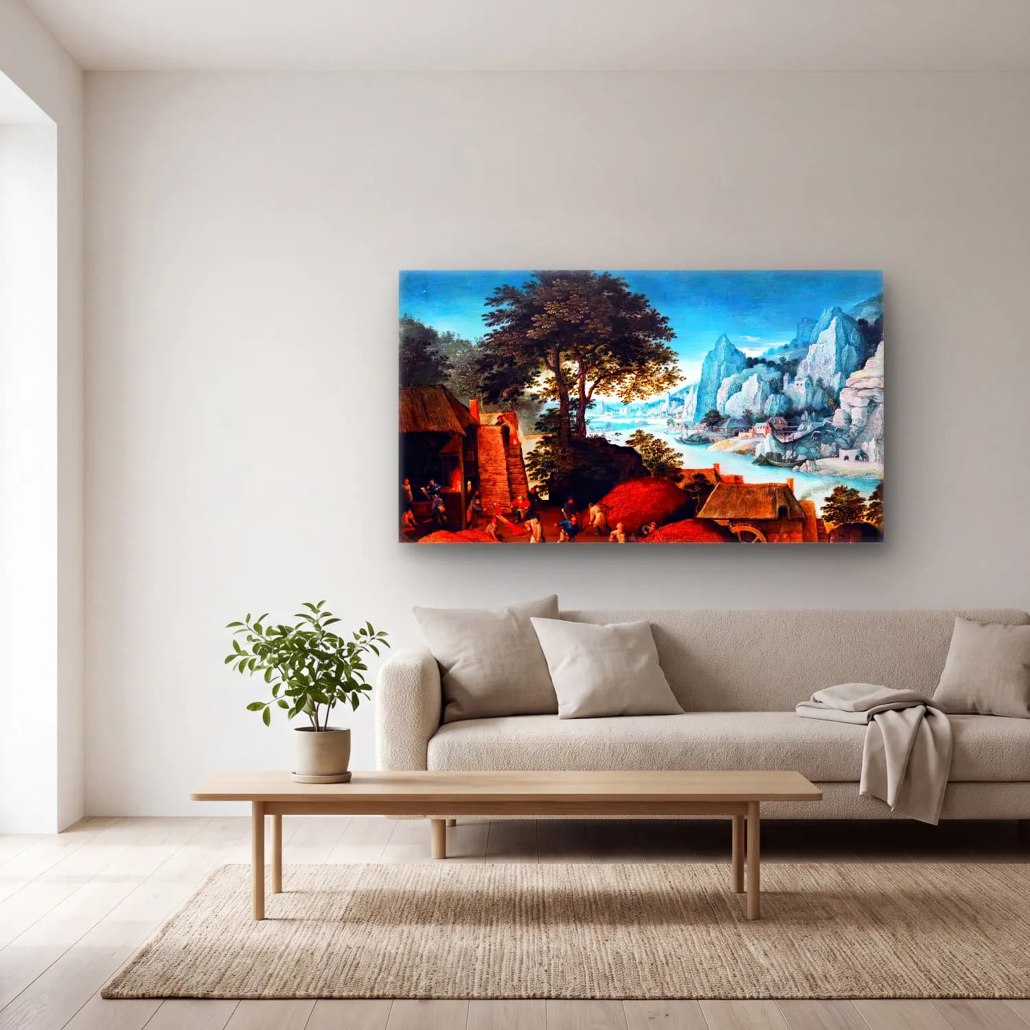 Maerten Ryckaert – Alpine Landscape with an Iron Foundry and Blast Furnace cam tablo — açık renk salonda