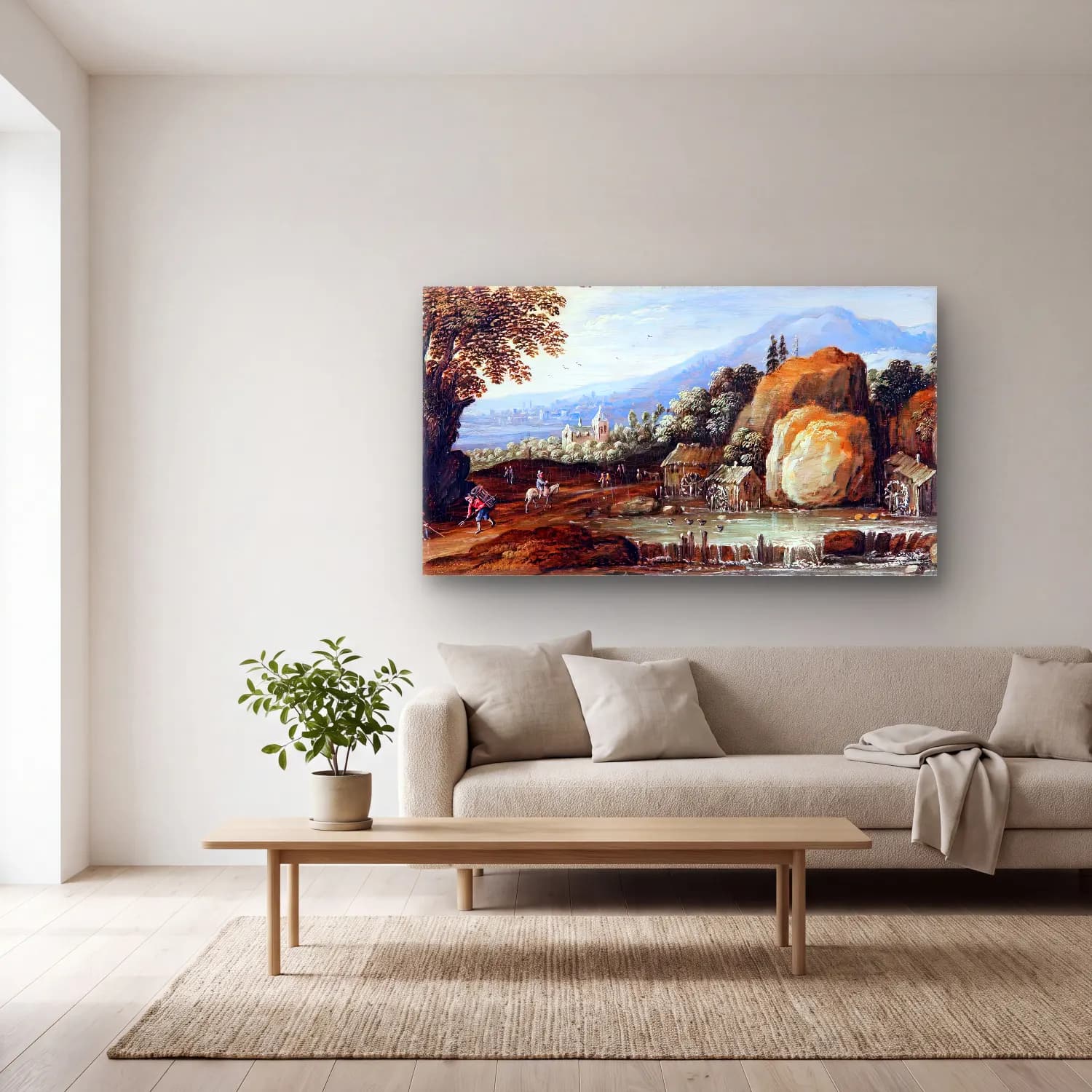 Maerten Ryckaert – Landscape with a Torrent cam tablo — açık renk salonda