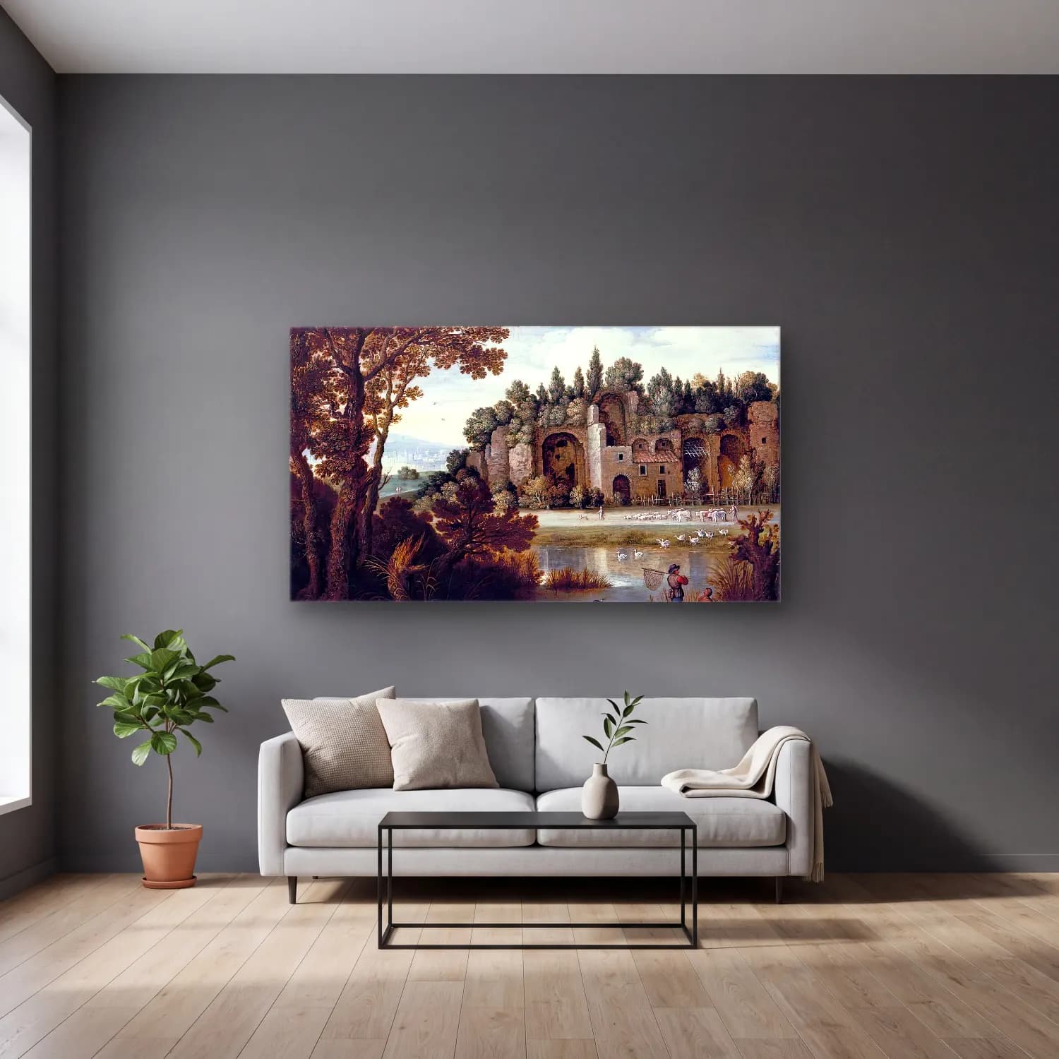 Maerten Ryckaert – Pastoral Landscape cam tablo — gri duvarlı salonda