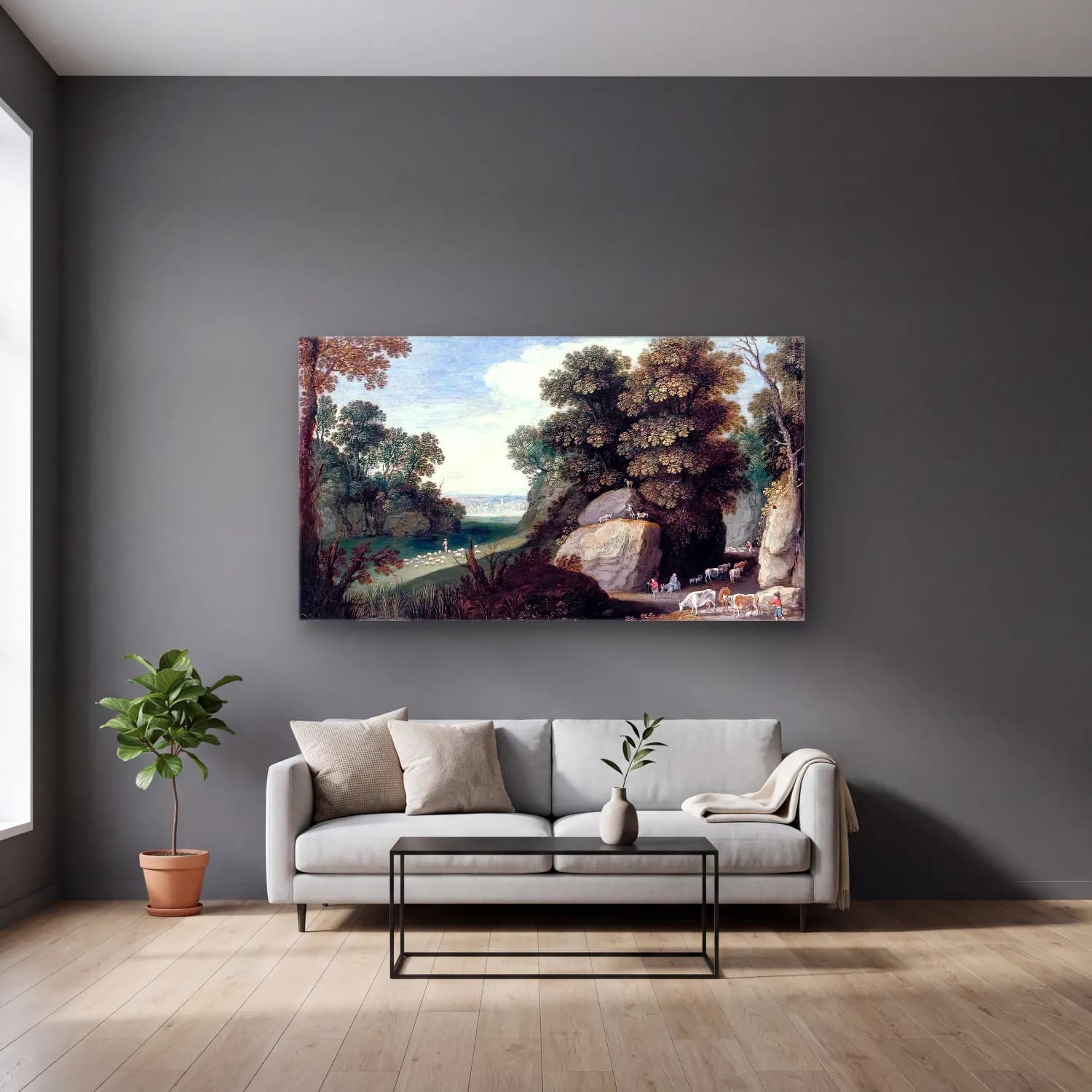Maerten Ryckaert – Rocky Pastoral Landscape cam tablo — gri duvarlı salonda