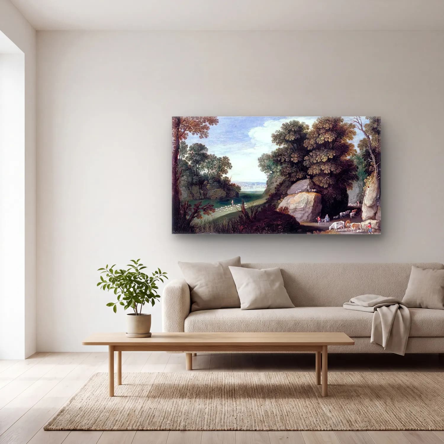 Maerten Ryckaert – Rocky Pastoral Landscape cam tablo — açık renk salonda