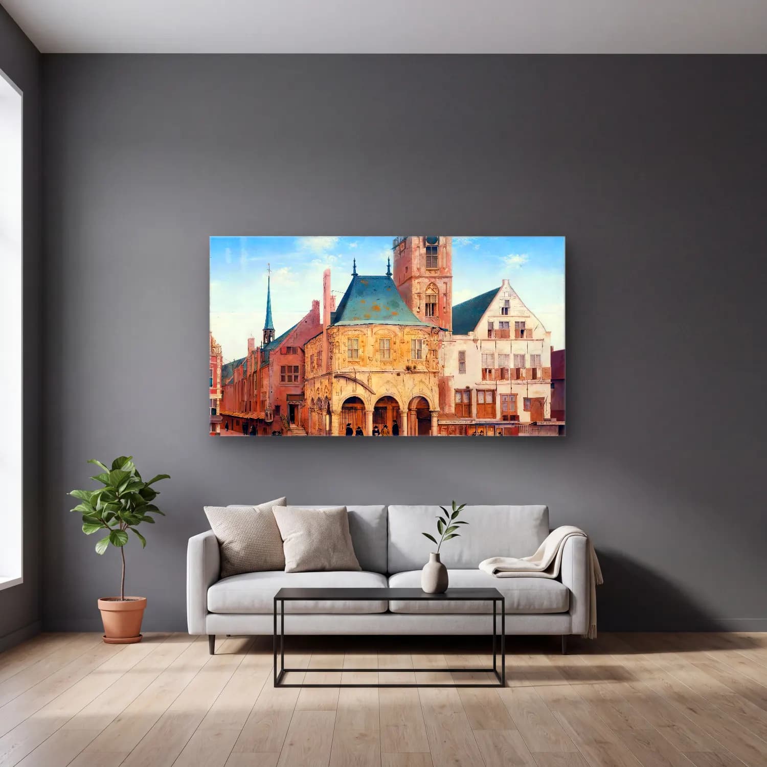 Pieter Jansz Saenredam – The Old Town Hall in Amsterdam cam tablo — gri duvarlı salonda