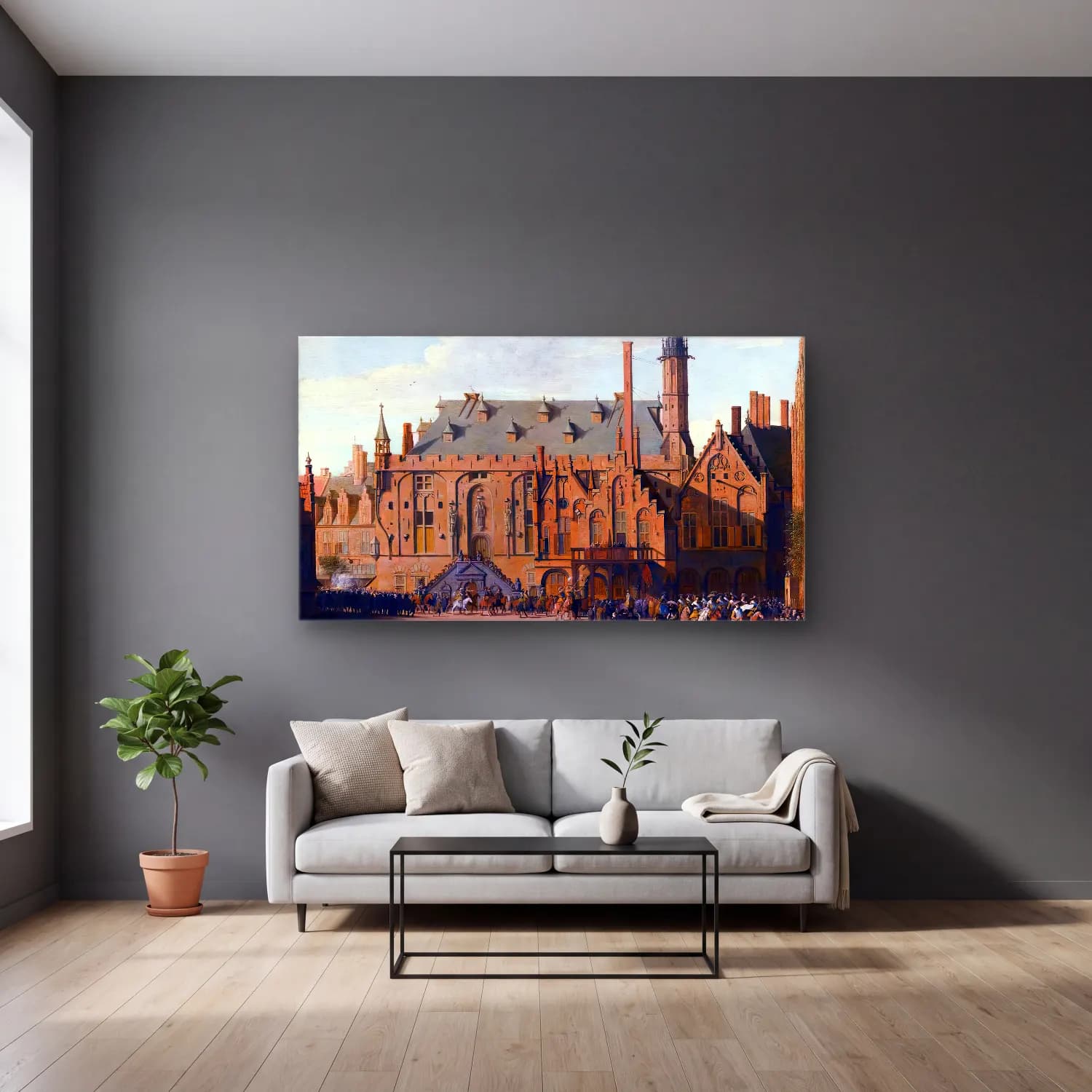 Pieter Jansz Saenredam – The Town Hall at Haarlem with the Entry of Prince Maurits… cam tablo — gri duvarlı salonda