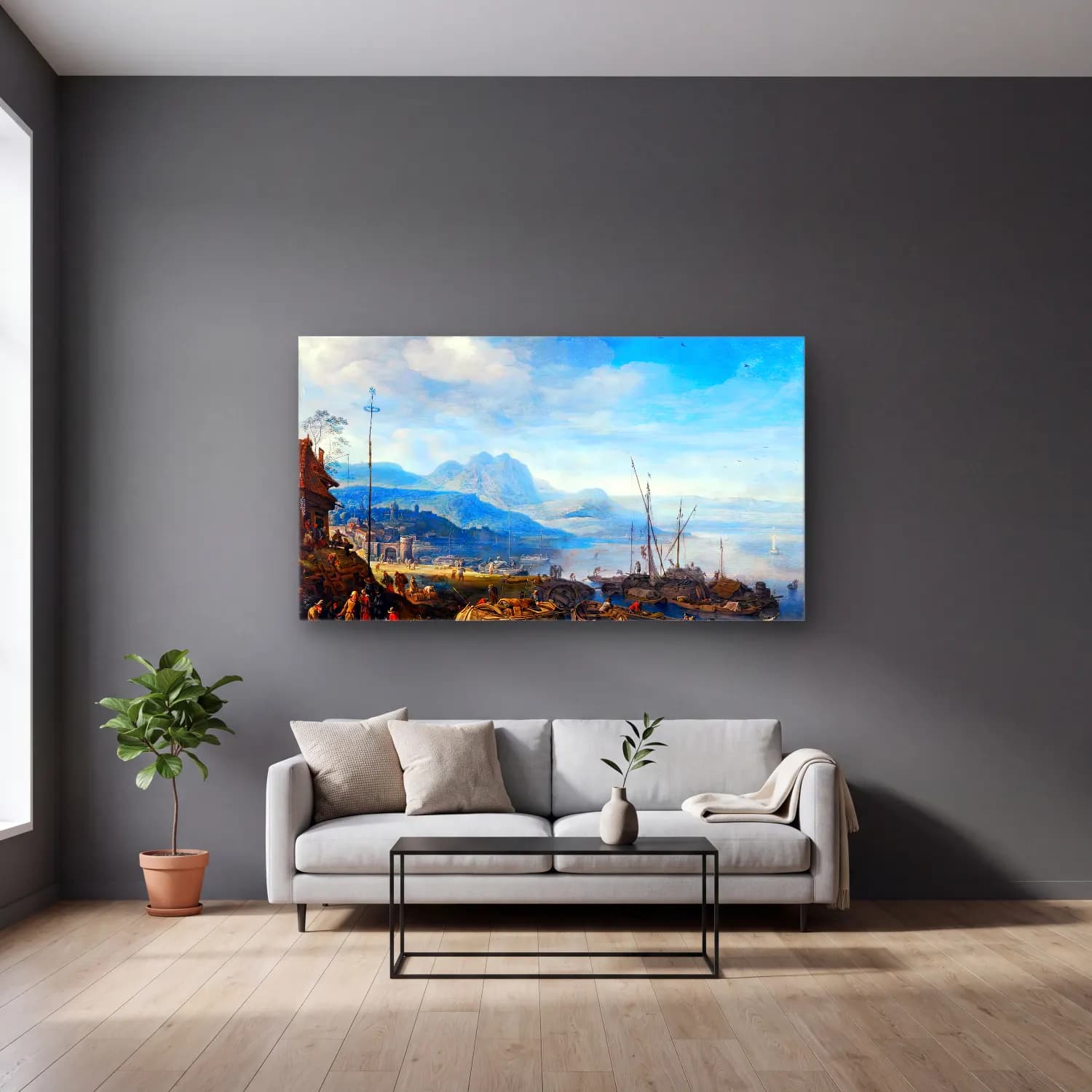 Herman Saftleven – A View of Linz am Rhein cam tablo — gri duvarlı salonda