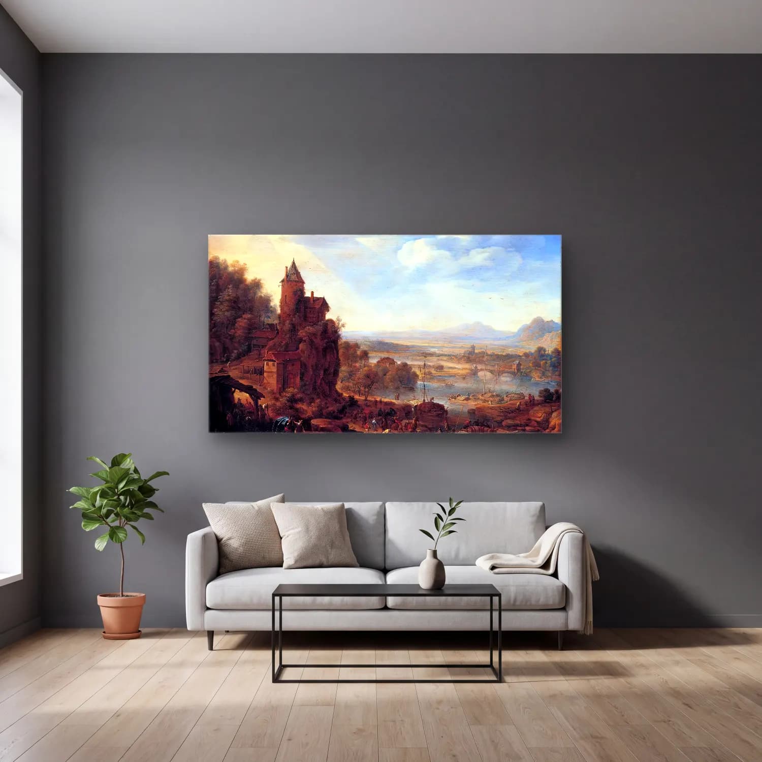 Herman Saftleven – An Extensive Rhenish River Landscape cam tablo — gri duvarlı salonda