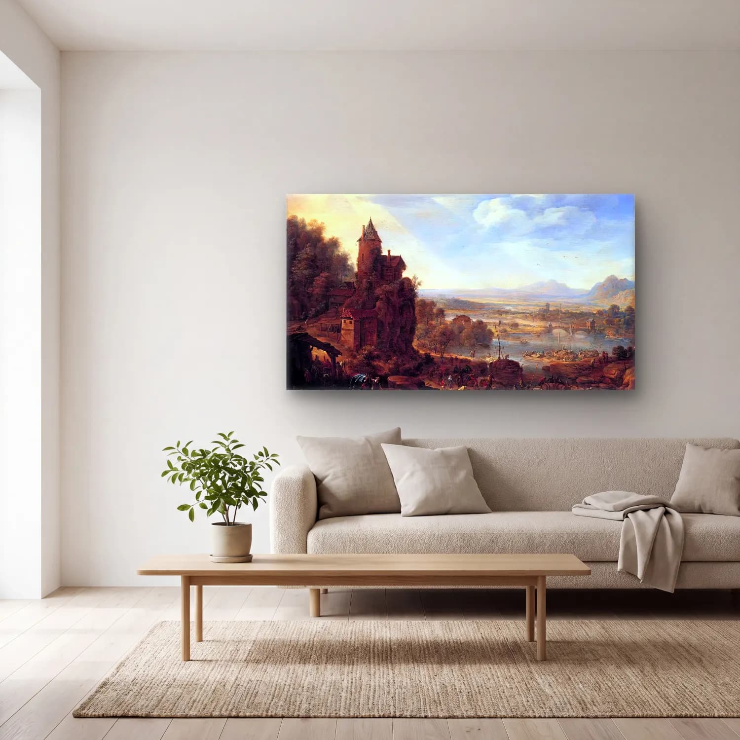 Herman Saftleven – An Extensive Rhenish River Landscape cam tablo — açık renk salonda