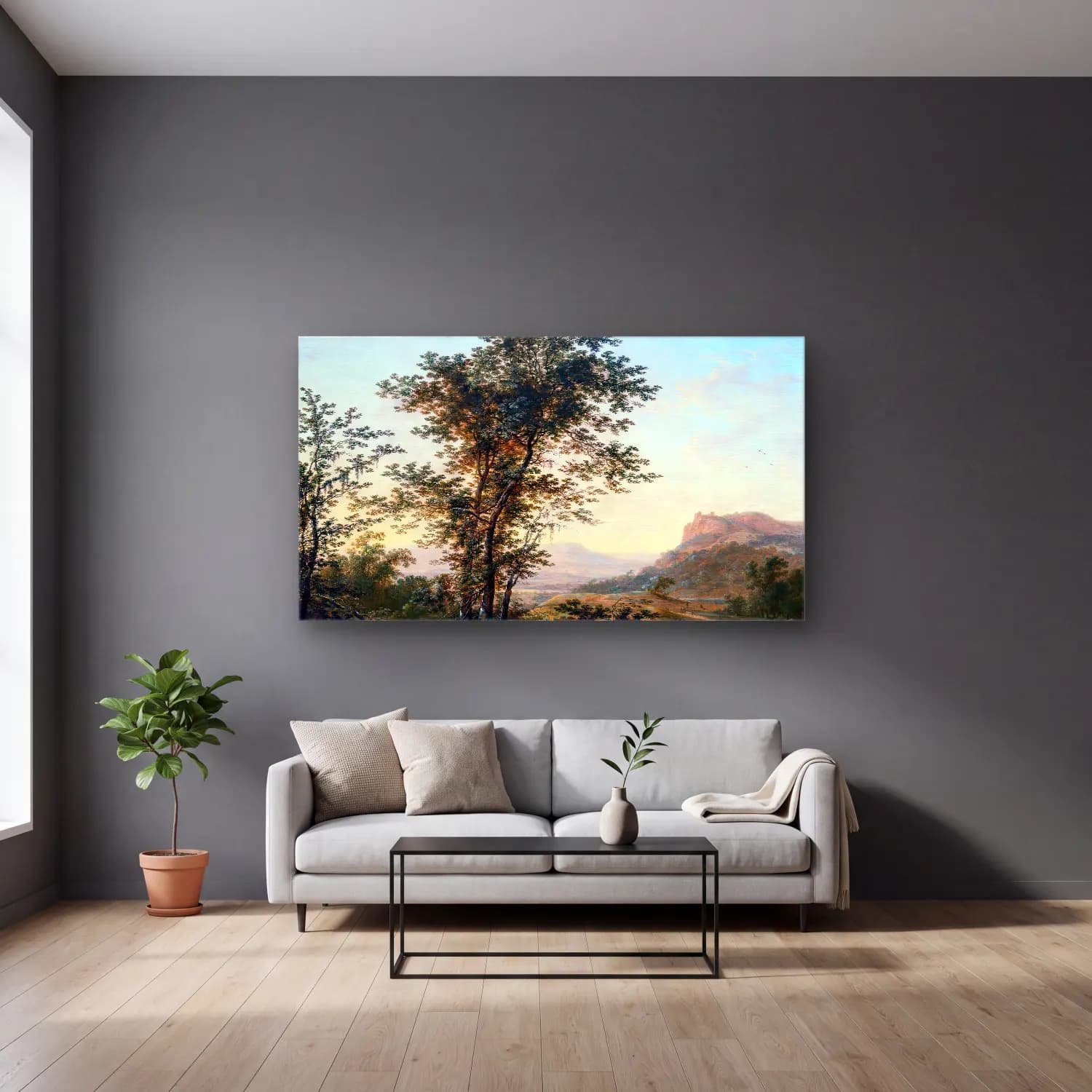 Herman Saftleven – Mountainous Landscape cam tablo — gri duvarlı salonda