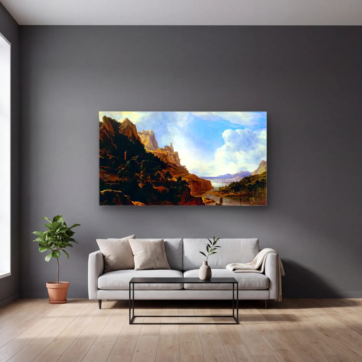 Herman Saftleven – Rhineland Fantasy View cam tablo — gri duvarlı salonda