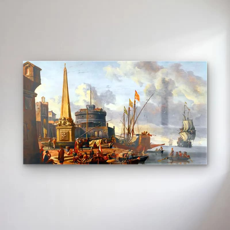 Abraham Storck – Fortified Mediterranean Port cam tablo — Abraham Storck – Fortified Mediterranean Port — yağlı boya liman ve tekneler