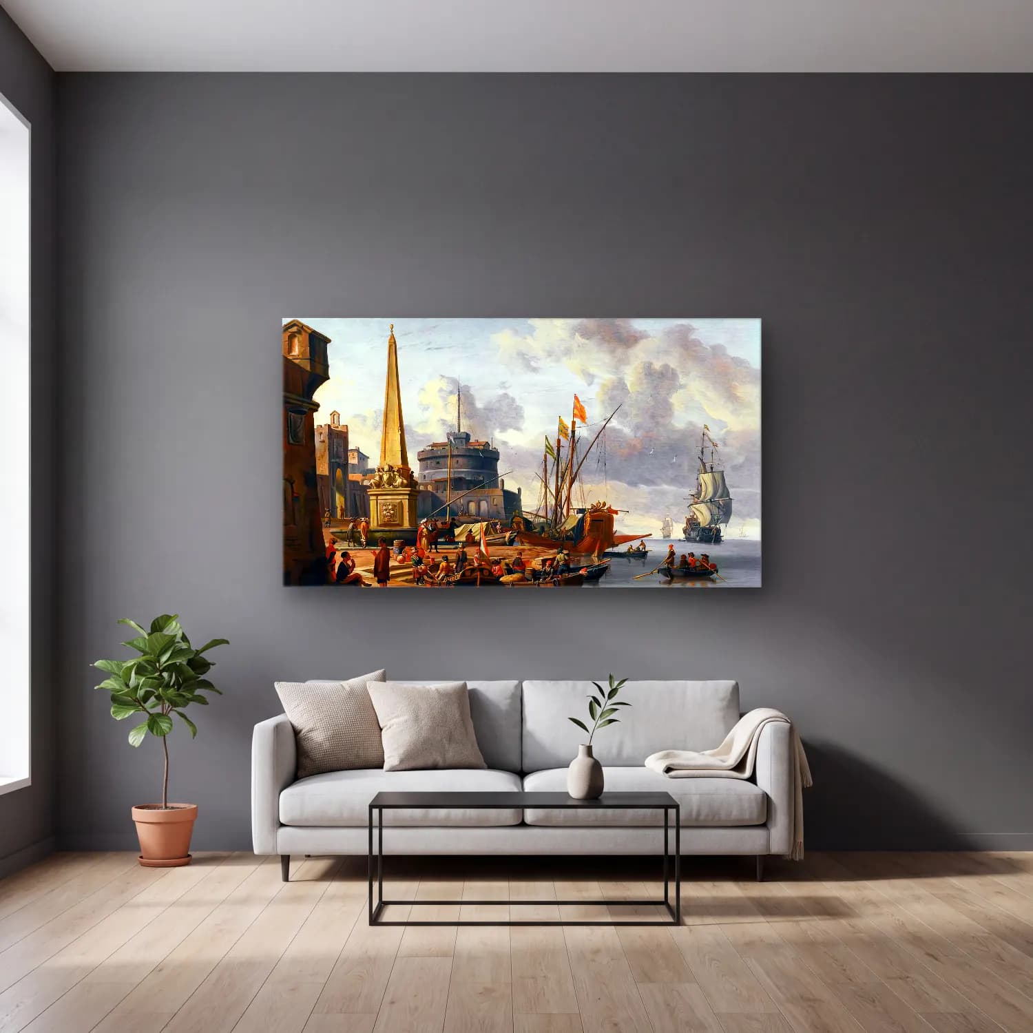 Abraham Storck – Fortified Mediterranean Port cam tablo — gri duvarlı salonda