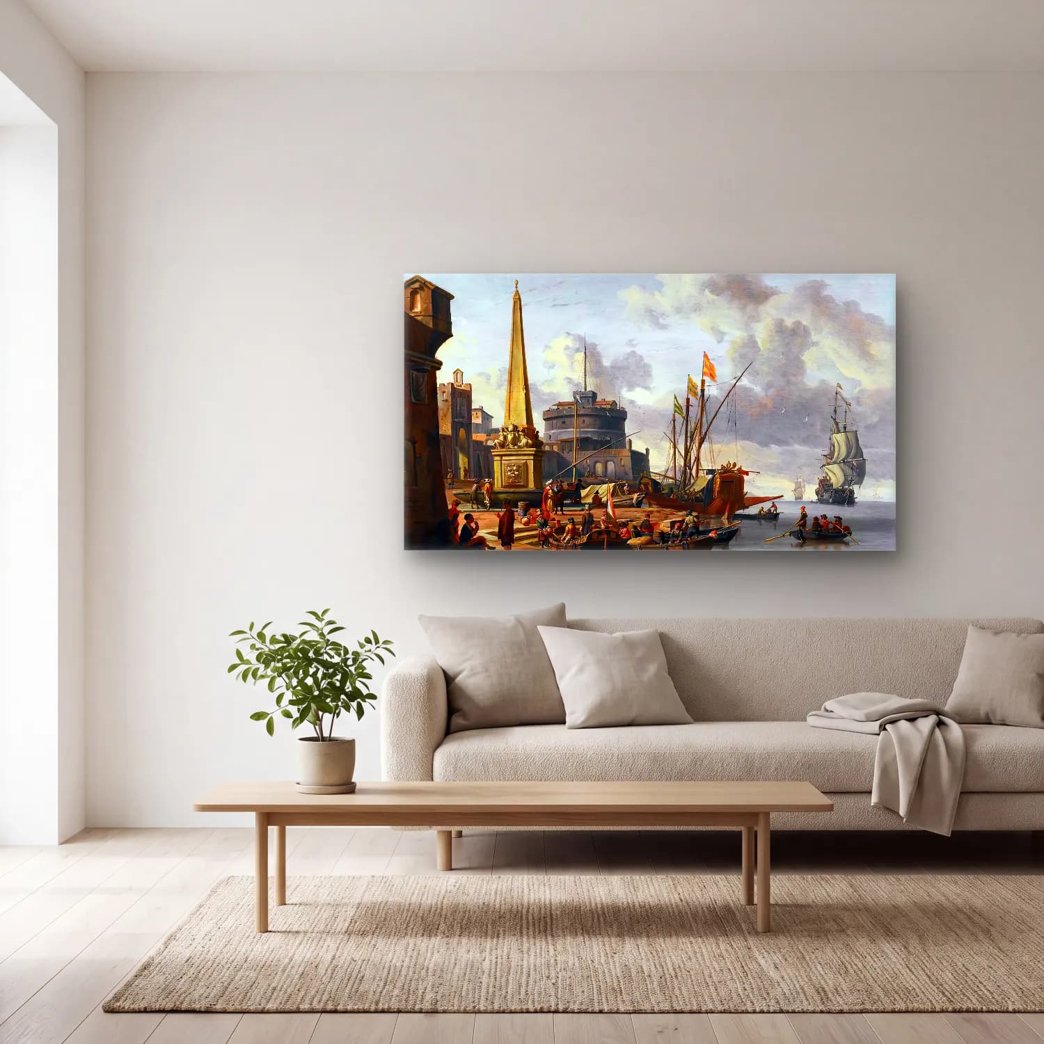 Abraham Storck – Fortified Mediterranean Port cam tablo — açık renk salonda