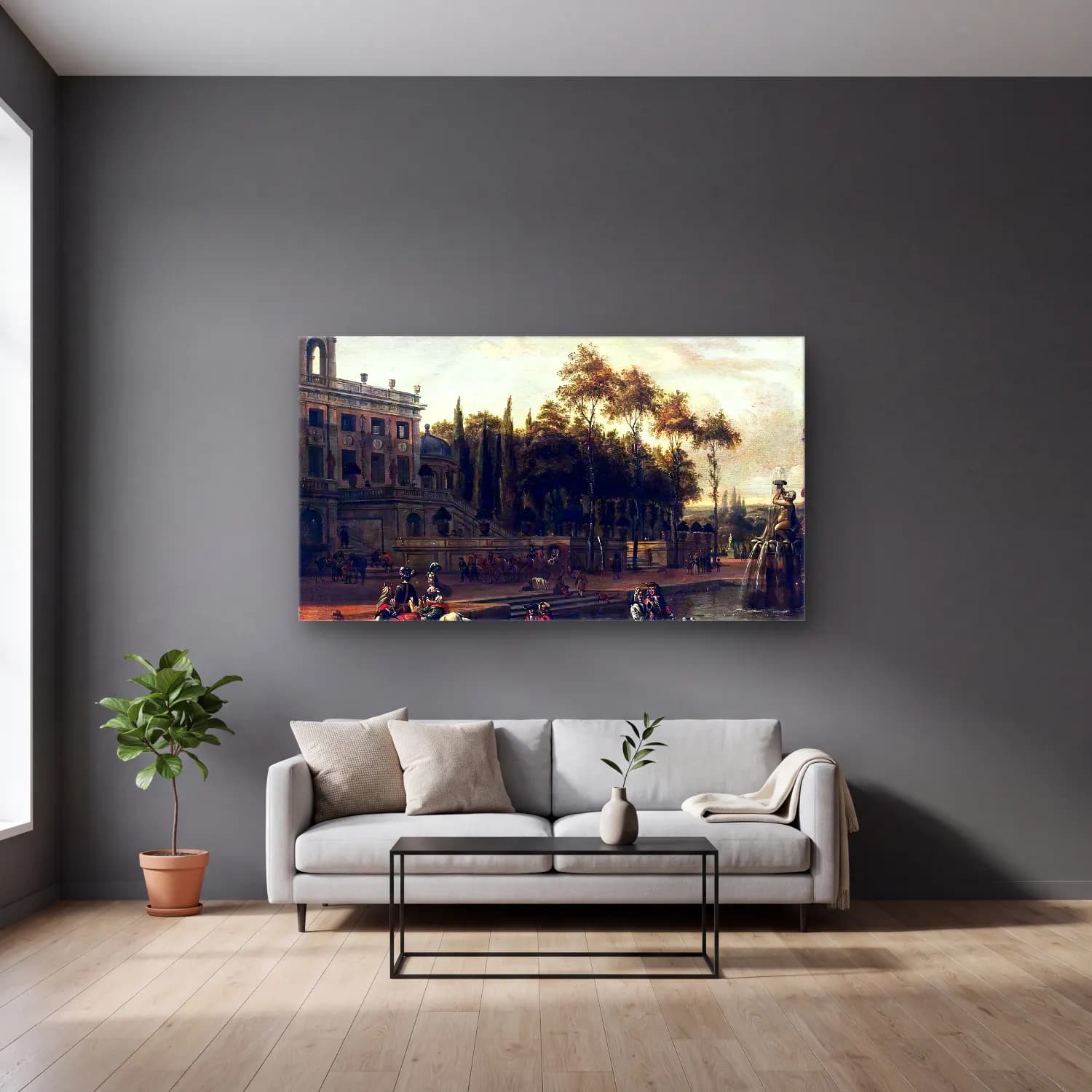 Abraham Storck – Italianate Park Landscape cam tablo — gri duvarlı salonda