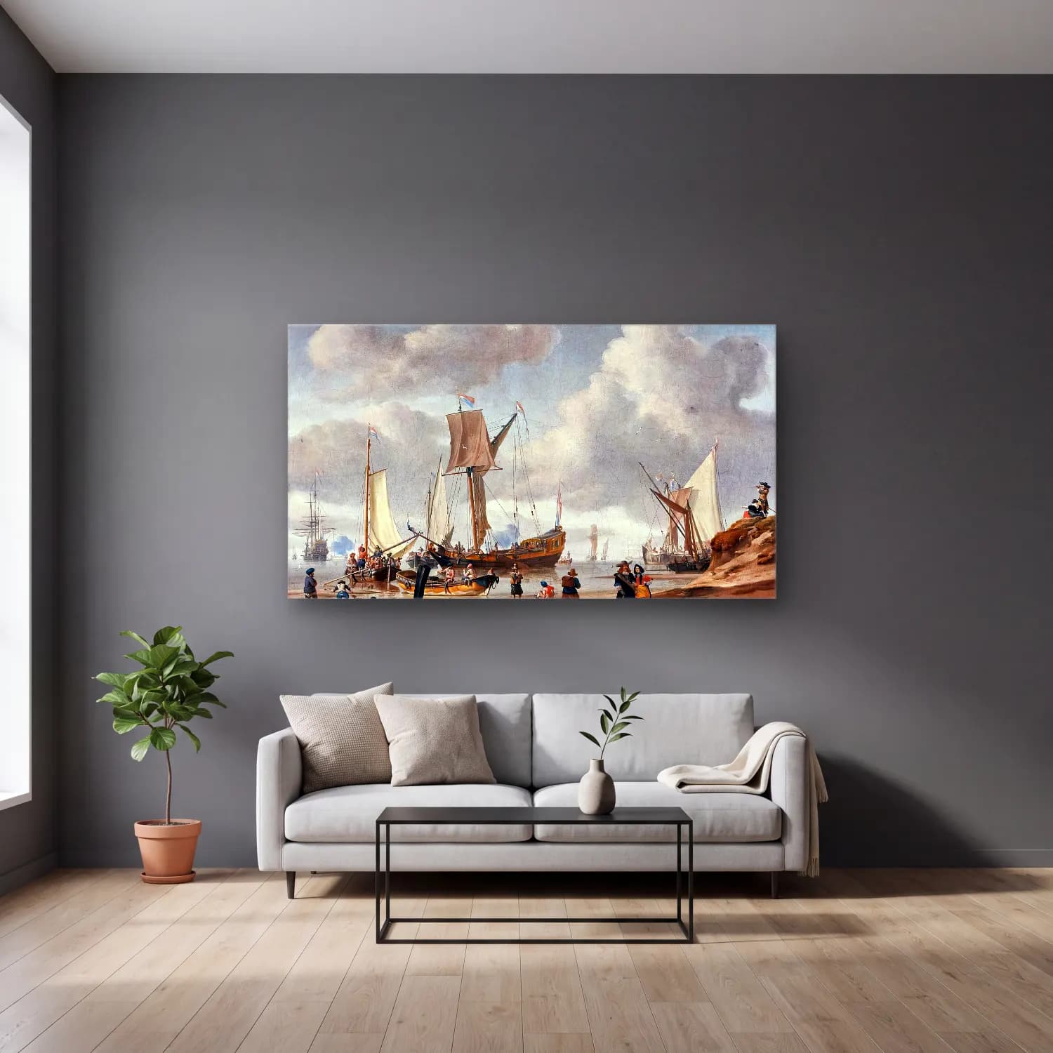 Abraham Storck – Seascape with View of a Beach Animated cam tablo — gri duvarlı salonda
