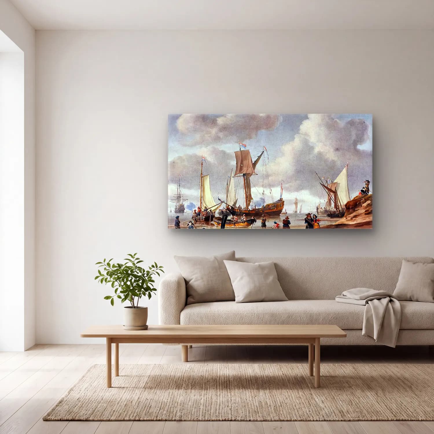 Abraham Storck – Seascape with View of a Beach Animated cam tablo — açık renk salonda
