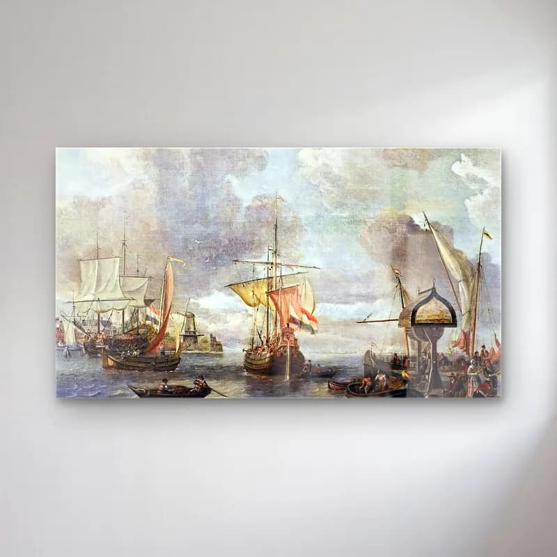 Abraham Storck – View of a Harbour on the Zuiderzee cam tablo — Abraham Storck – View of a Harbour on the Zuiderzee — yağlı boya liman ve tekneler