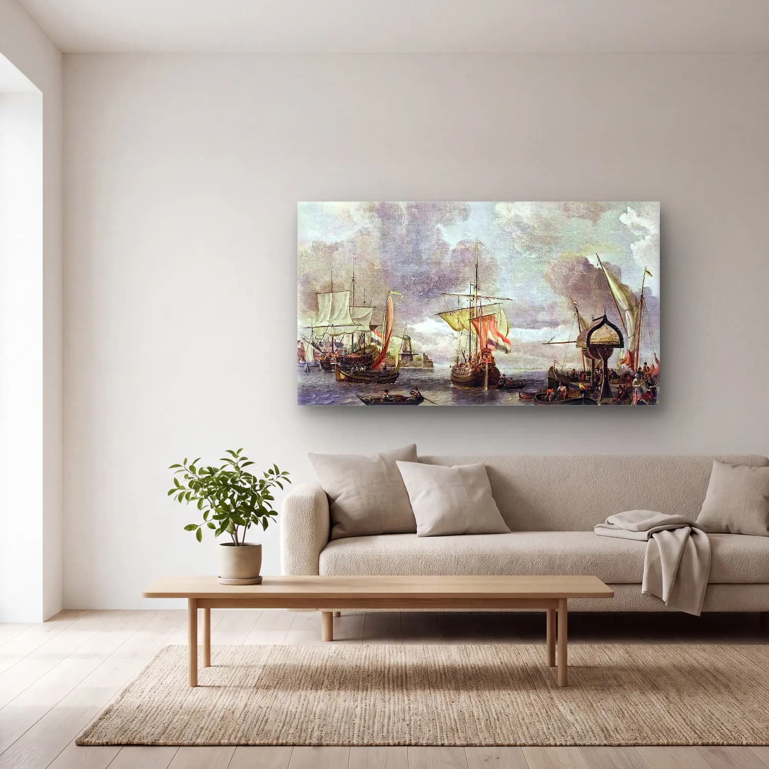 Abraham Storck – View of a Harbour on the Zuiderzee cam tablo — açık renk salonda