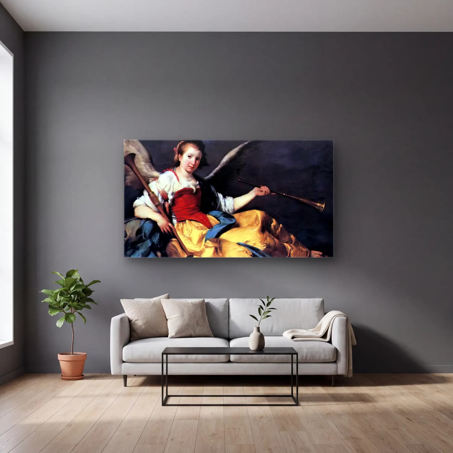 Bernardo Strozzi – A Personification of Fame cam tablo — gri duvarlı salonda