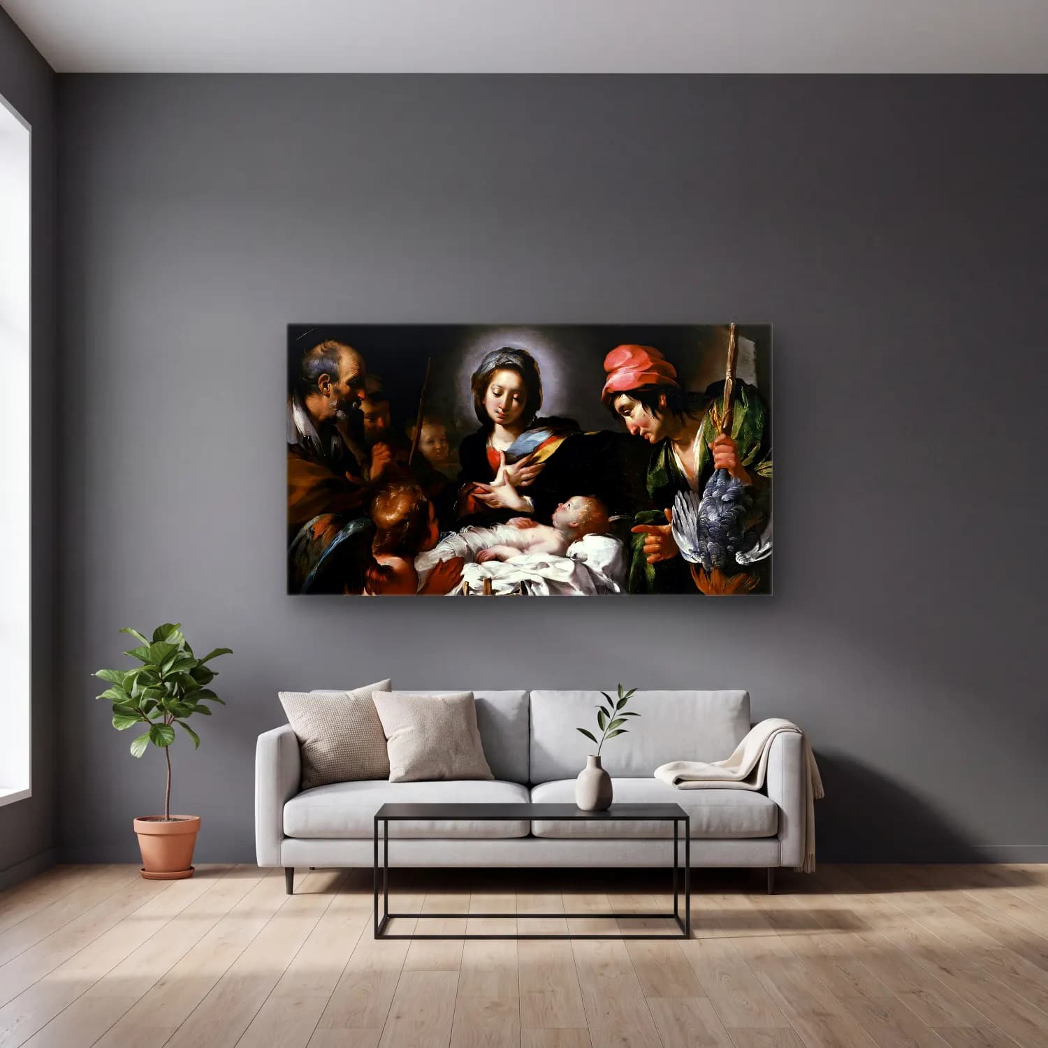 Bernardo Strozzi – Adoration of the Shepherds cam tablo — gri duvarlı salonda