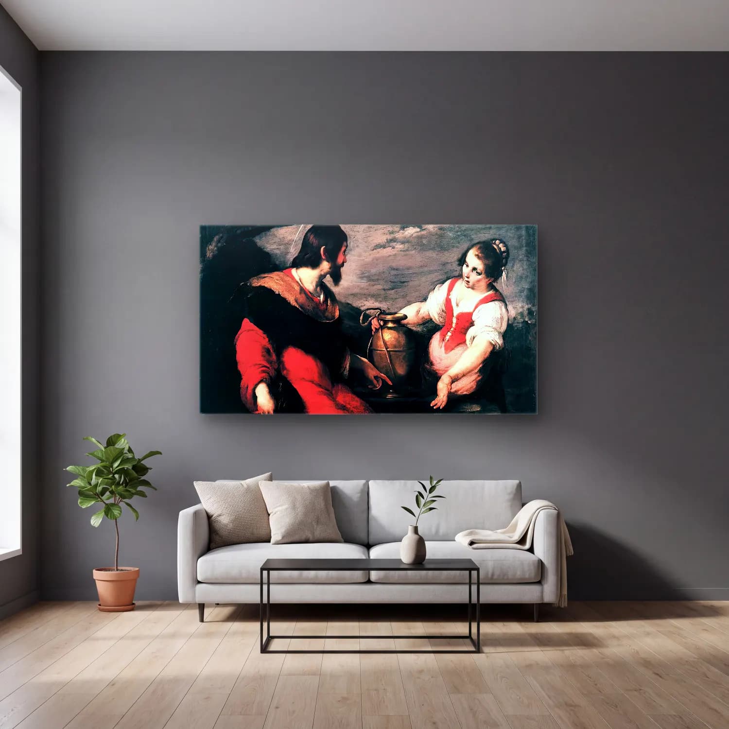 Bernardo Strozzi – Christ and the Samaritan Woman cam tablo — gri duvarlı salonda