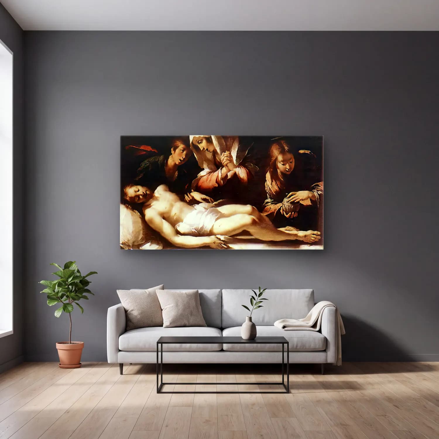 Bernardo Strozzi – Lamentation over the Dead Christ cam tablo — gri duvarlı salonda