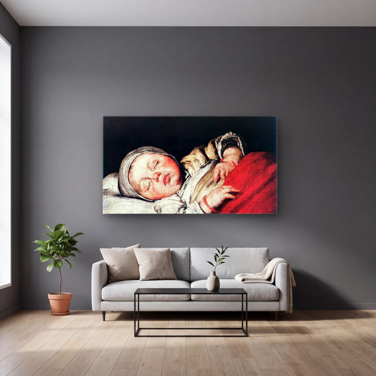 Bernardo Strozzi – Sleeping Child cam tablo — gri duvarlı salonda
