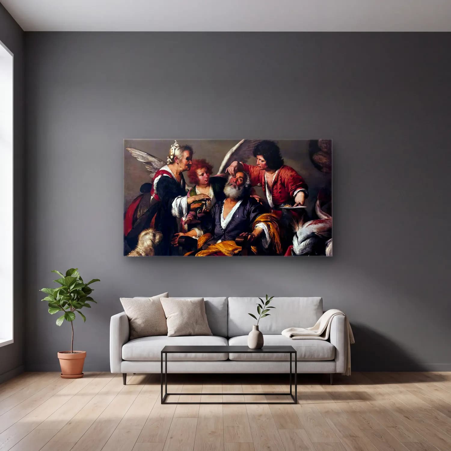 Bernardo Strozzi – The Healing of Tobit cam tablo — gri duvarlı salonda