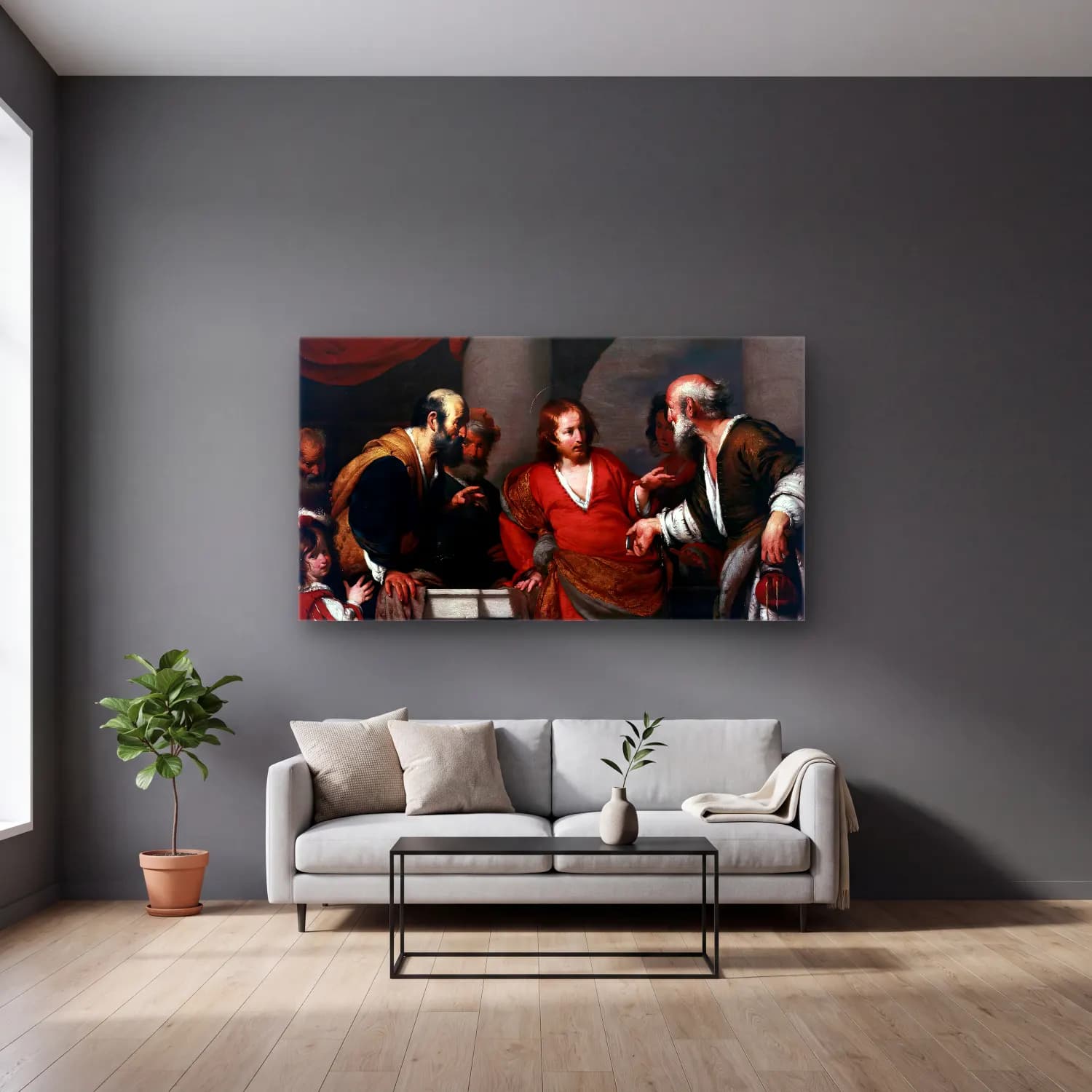 Bernardo Strozzi – Tribute Money cam tablo — gri duvarlı salonda