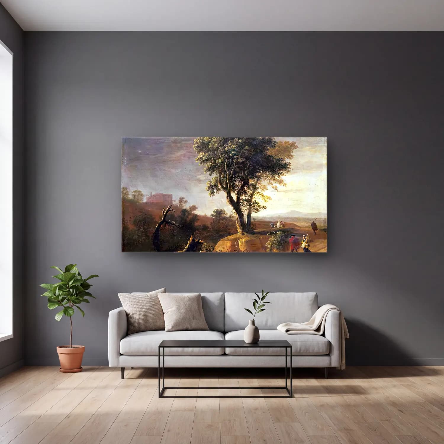 Herman van Swanevelt – An Italianate Landscape cam tablo — gri duvarlı salonda