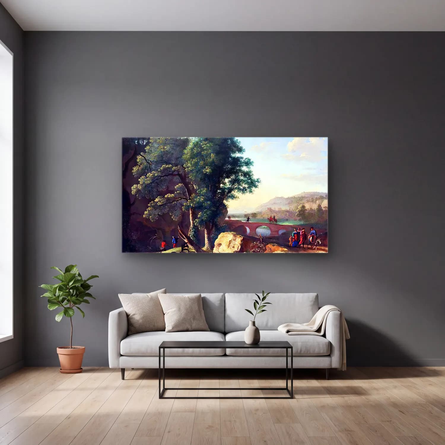 Herman van Swanevelt – Italianate Landscape cam tablo — gri duvarlı salonda