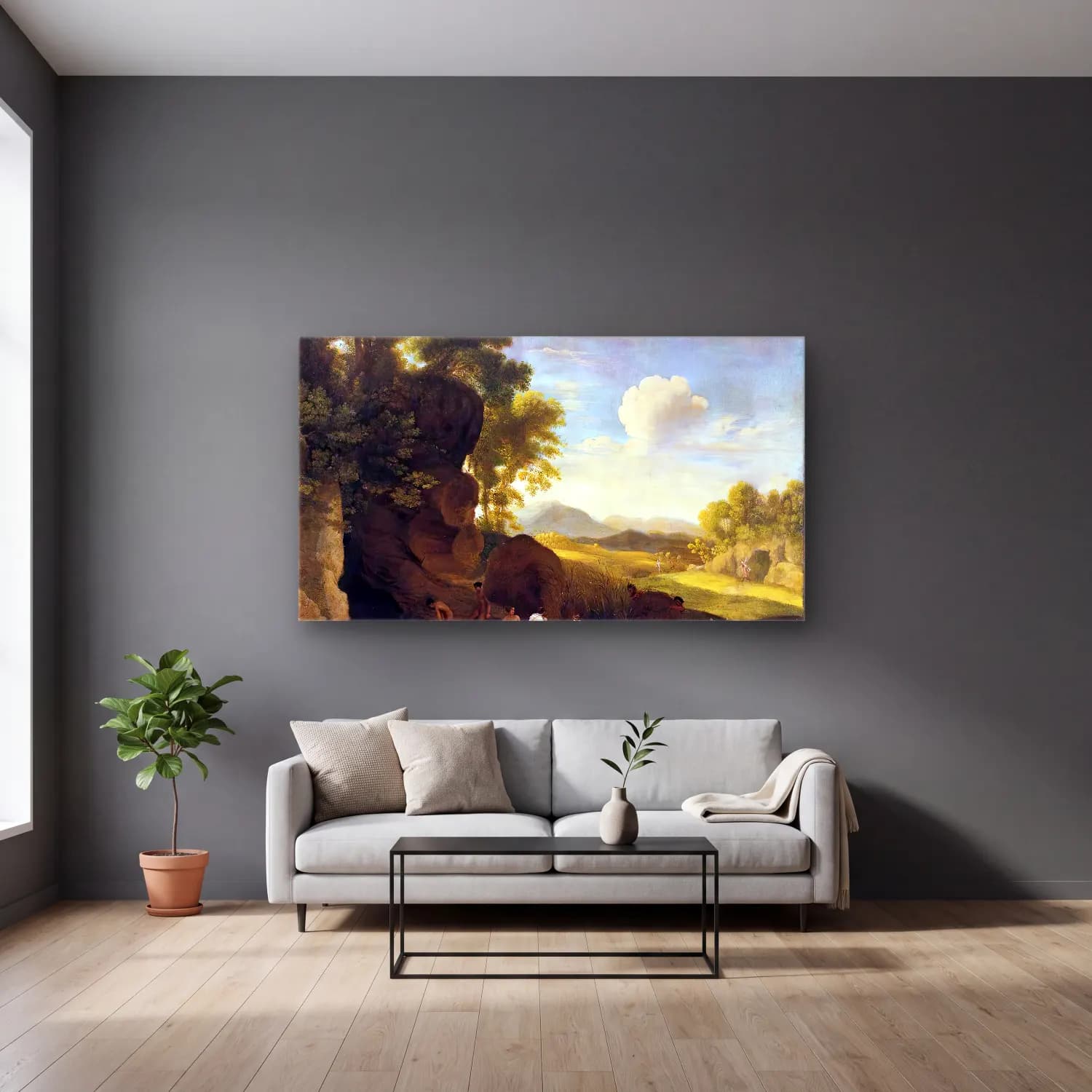 Herman van Swanevelt – Landscape with Bathing Nymphs cam tablo — gri duvarlı salonda