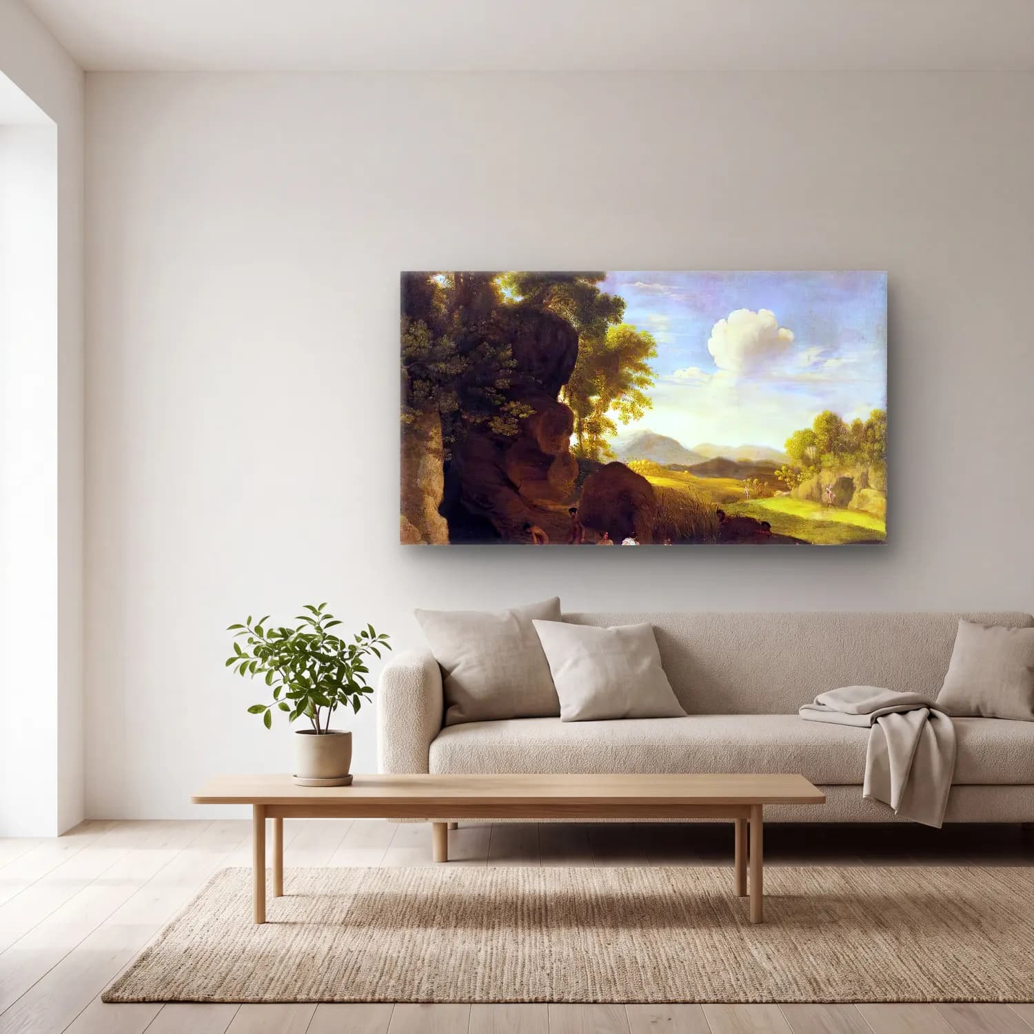 Herman van Swanevelt – Landscape with Bathing Nymphs cam tablo — açık renk salonda