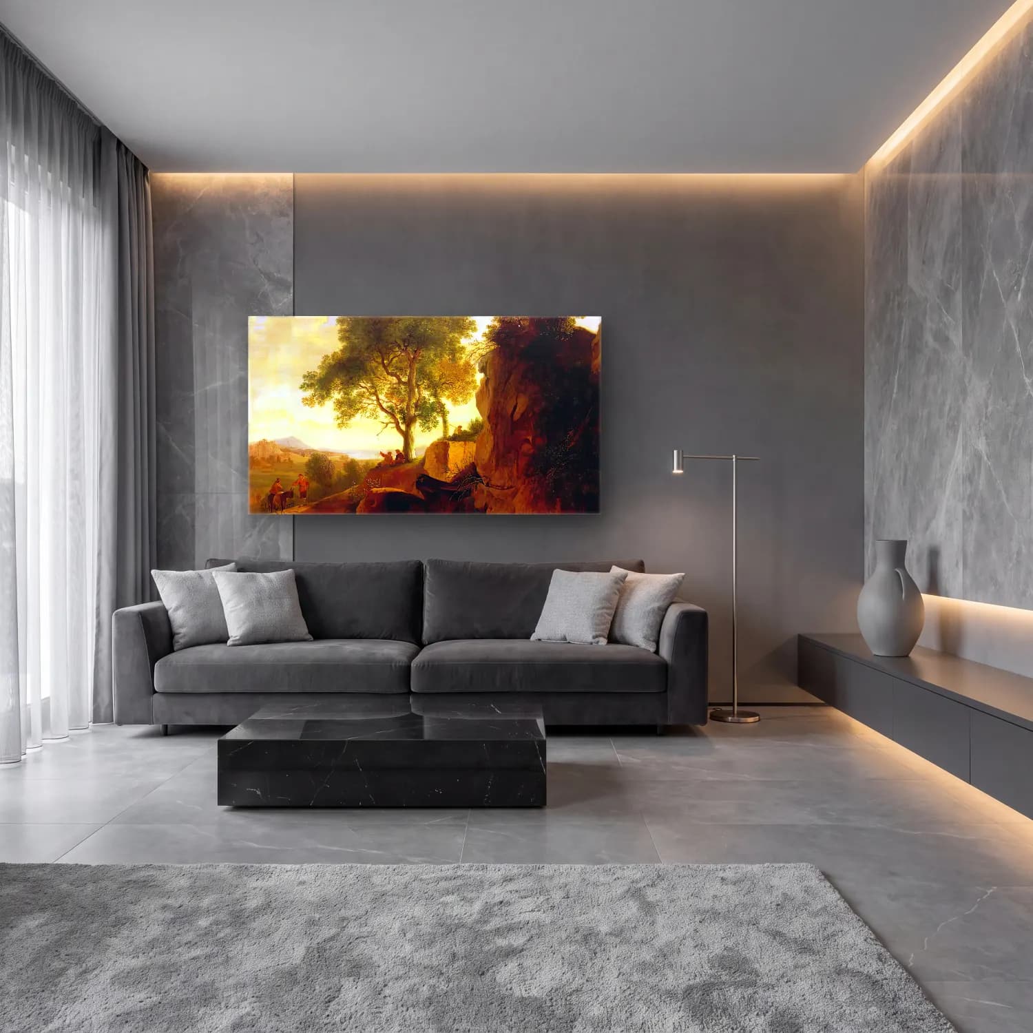 Herman van Swanevelt – Landscape with Tall Rocks cam tablo — lüks salon duvarında